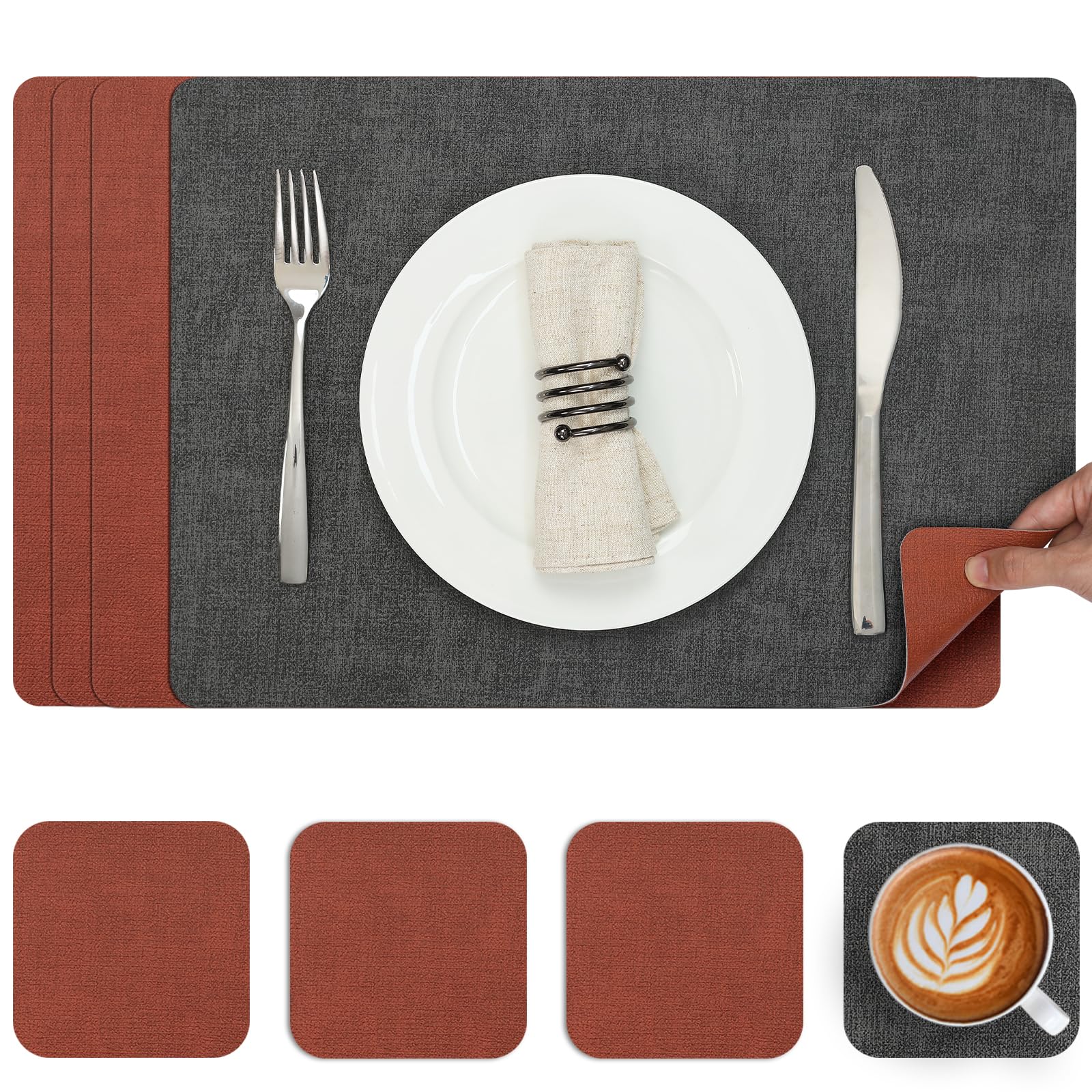 Myir JUN Placemats and Coasters Set of 4, Place Mats Dual Sided Faux Leather Table Mats PU Indoor Outdoor Heat Resistant Placemat Square Non Slip Wipeable Washable Dining Restaurant (Gray Terracotta)