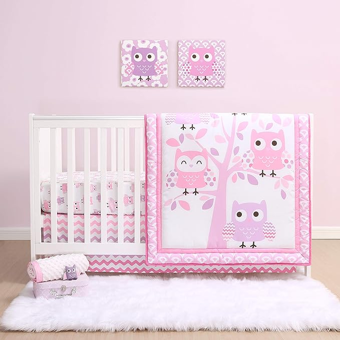 The Peanutshell Dancing Owl Crib Bedding Set for Baby Girls