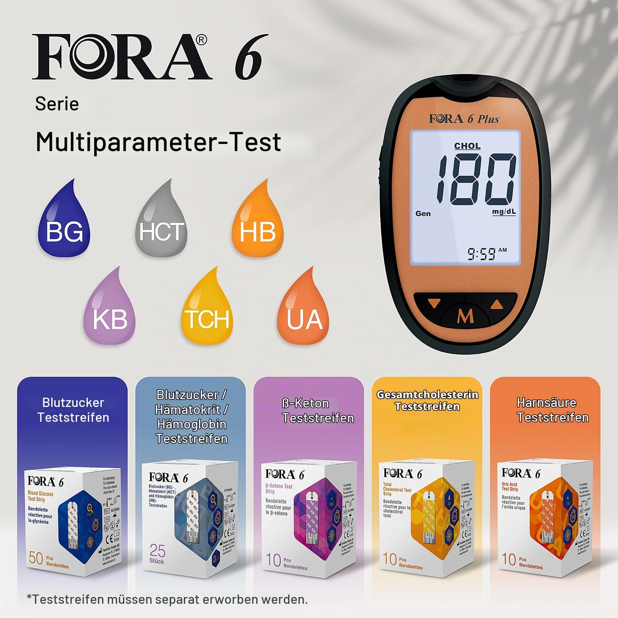 FORA 6 Plus- Multifunktions-Messsystem, Blutzucker (BG), Hämatokrit (HCT), Hämoglobin (HB), ß-Keton (KB), Harnsäure (UA) und Cholesterin (TCH), ohne Teststreifen