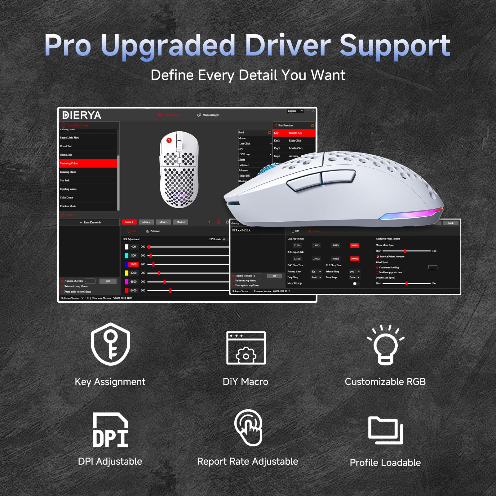 Dierya x TMKB M1 Mouse Wireless Gaming, Sensore Ottico 24,000 DPI, 90 g Leggero, 6 Pulsanti Programmabili, Illuminazione RGB, 2.4GHz/Bluetooth/USB-C mouse con filo/senza fili, Bianco