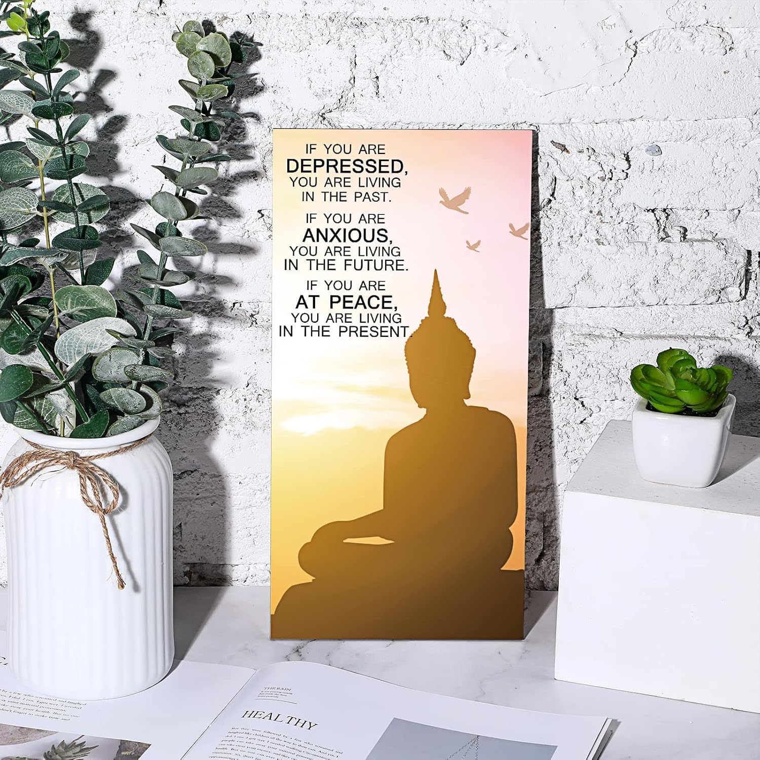 MANDALA SOUL Quotes Wall Decors 2 Pieces Inspirational Quote Wall Arts Zen Meditation Decors Wooden Hanging Room Decors Meditation Home Decors Buddha Wall Arts for Living Room Yoga Decors (At Peace) 3