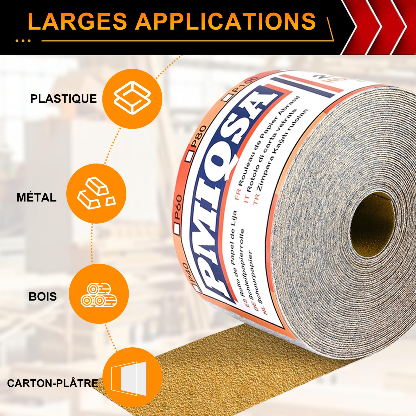 Rouleau De Papier Abrasif Auto-Agrippant Grain 80, 70 mm x 12 m | Papier De Verre Quartz pour Le Bois, Le MéTal, La Peinture, Le PlâTre pour Ponceuses Vibrantes et Manuelles
