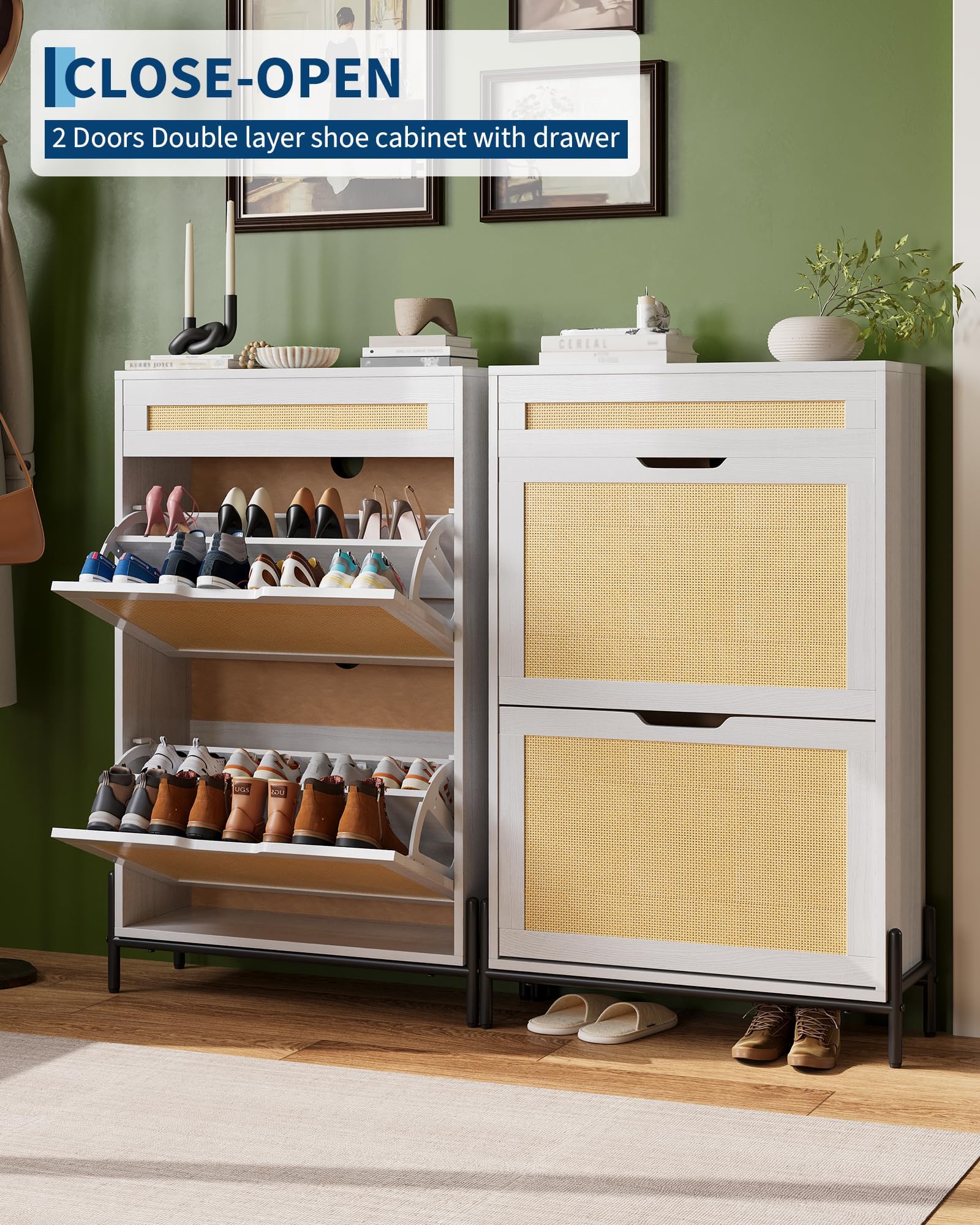 Zapatero estrecho de madera con 2 puertas abatibles y estantes ajustables - Cajón superior, estructura MDF estable - Diseño moderno y compacto, almacenamiento ventilado para entrada o recibidor