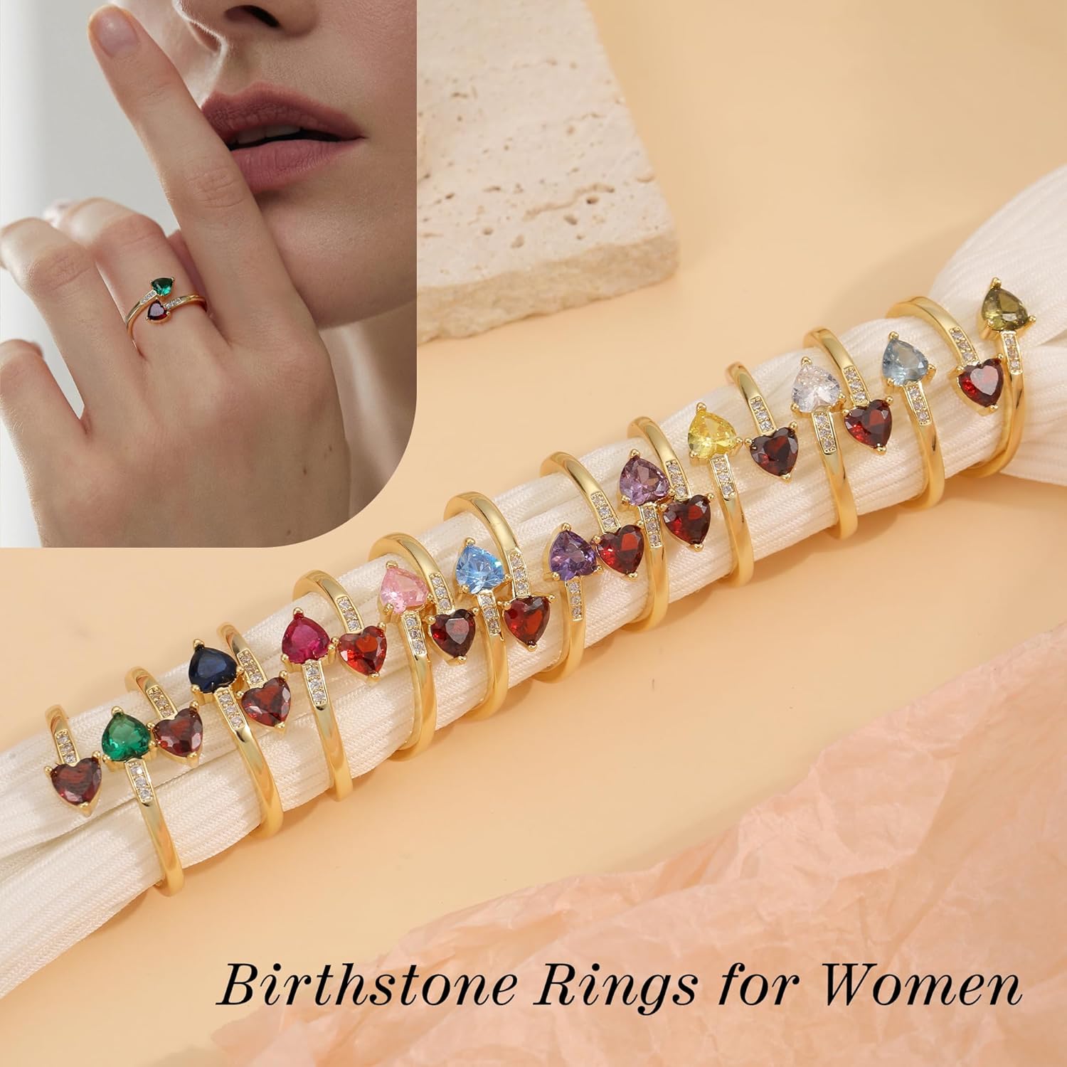 Valentines Day Gifts for Her, Birthday Gifts for Women Non Tarnish Gold Rings Adjustable 1-12 Birthstone Rings Birthday Gift for Wife Mom Stocking Stuffers Promise Ring Anniversary Wedding Jewelry - Image 3