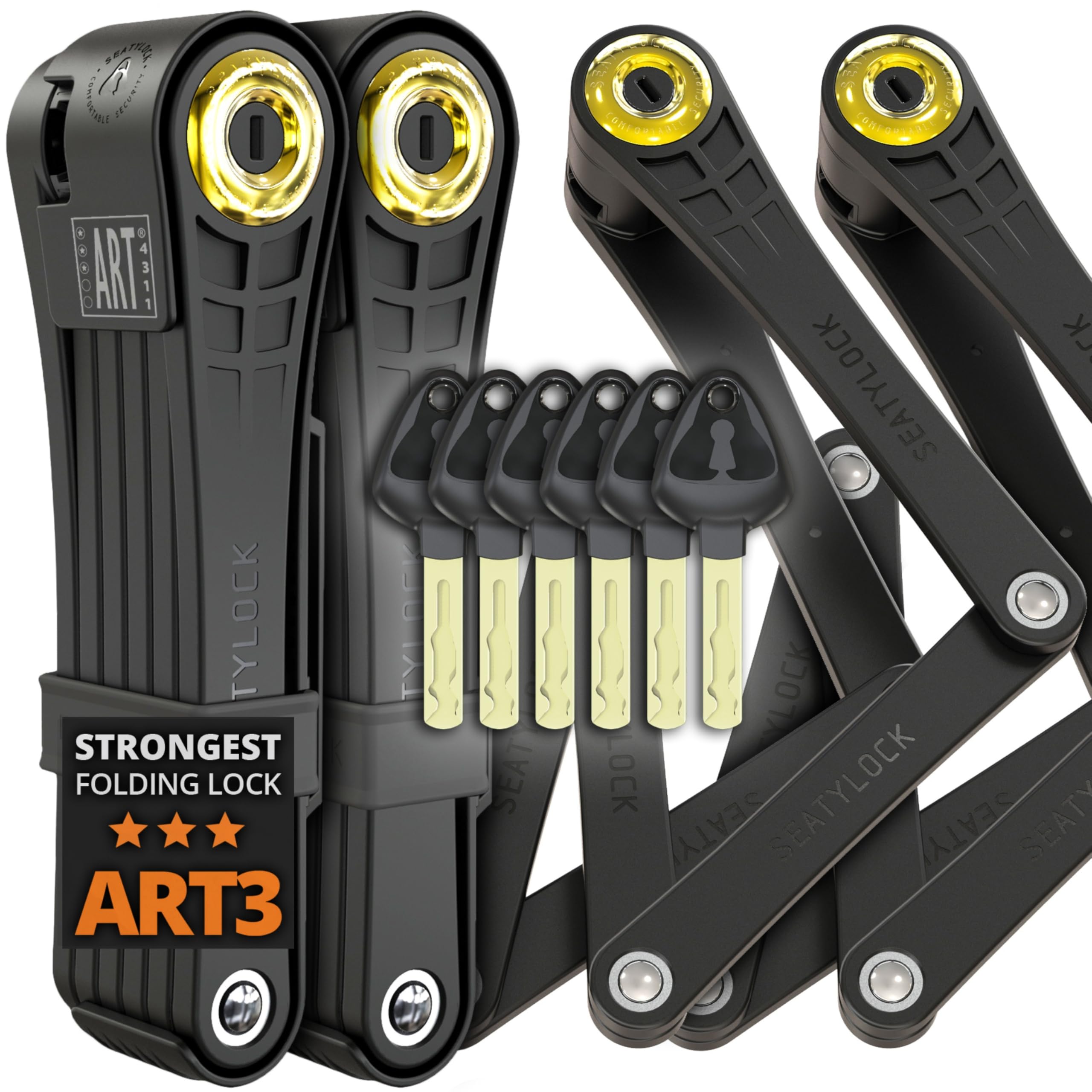 Foldylock Elite Folding Bike Locks - Set of 2 Matching Bicycle Locks with 6 Identical Keys - Patented Highest Security 18/18 Sold Secure Gold Heavy Duty Anti Theft for City and E-Bikes - 110 CM