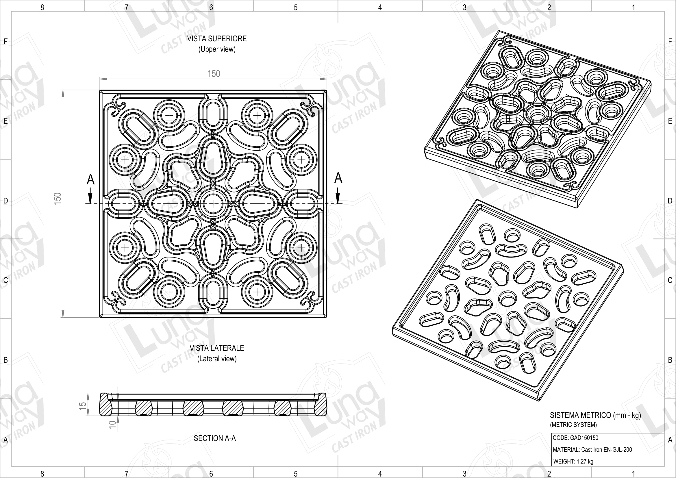 Lunaway - Rejilla de ventilación Decorada de Hierro Fundido para Chimenea y Estufa | Grosor perimetral 1,5 cm | Grosor Central 1 cm (15 x 15 cm)