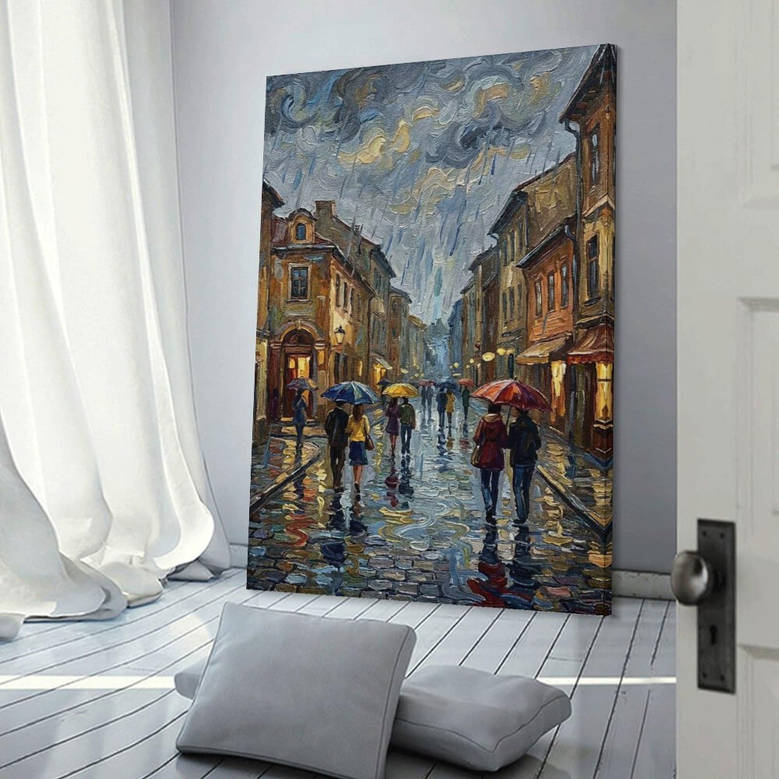 Junmoney Rainy City Street with Umbrellas Wall Decor Canvas Print, 24x36inch(60x90cm), for Home Lounge, Bedroom Or Reading Nook, Decorative Artwork for Empty Walls