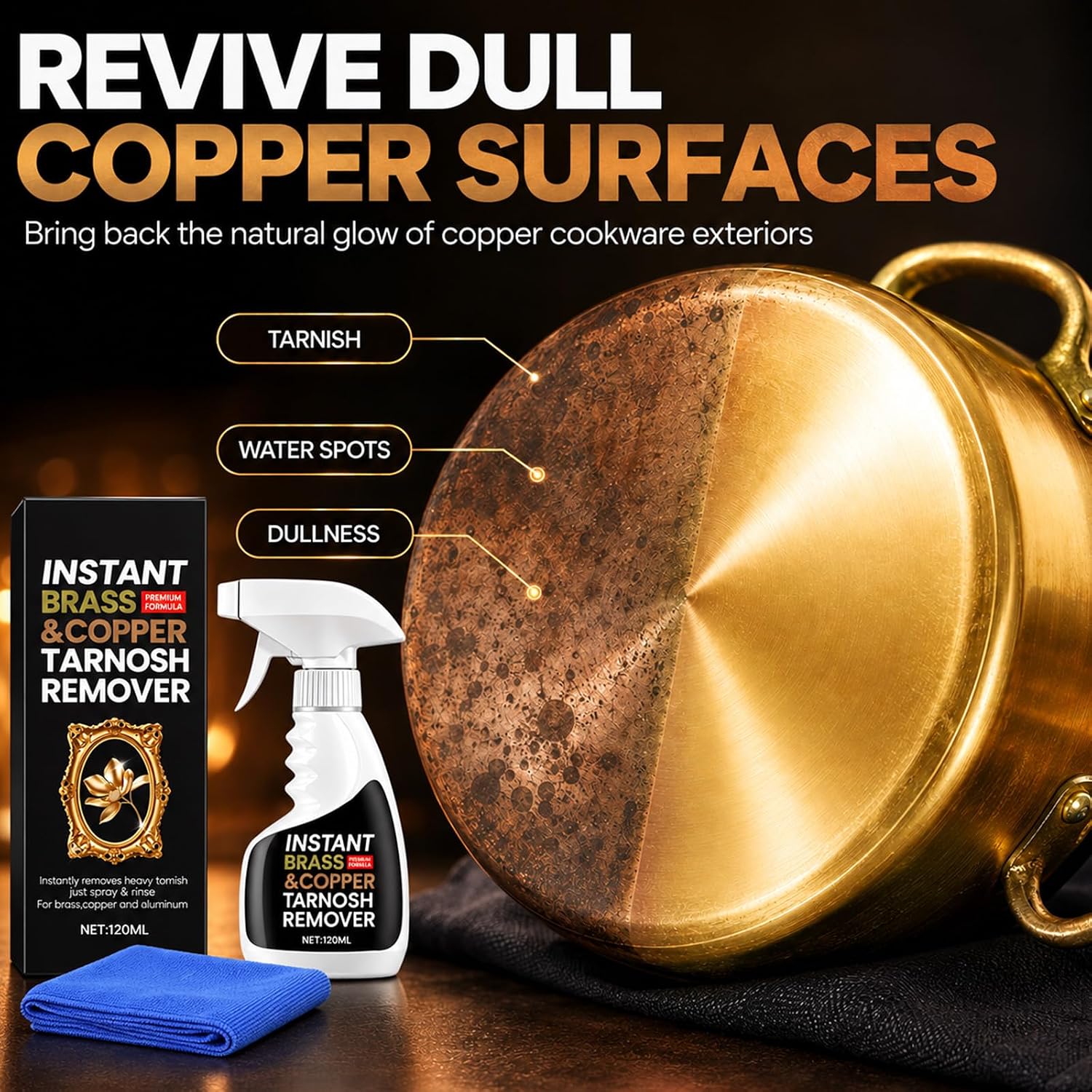 2PCS Instant Brass Tarnish Remover Spray, Brass & Copper Tarnosh Cleaning Spray with Towel, For Door Handles and Copper Pots, Removing Cleaner That Protects the Material（Total 200ml）
