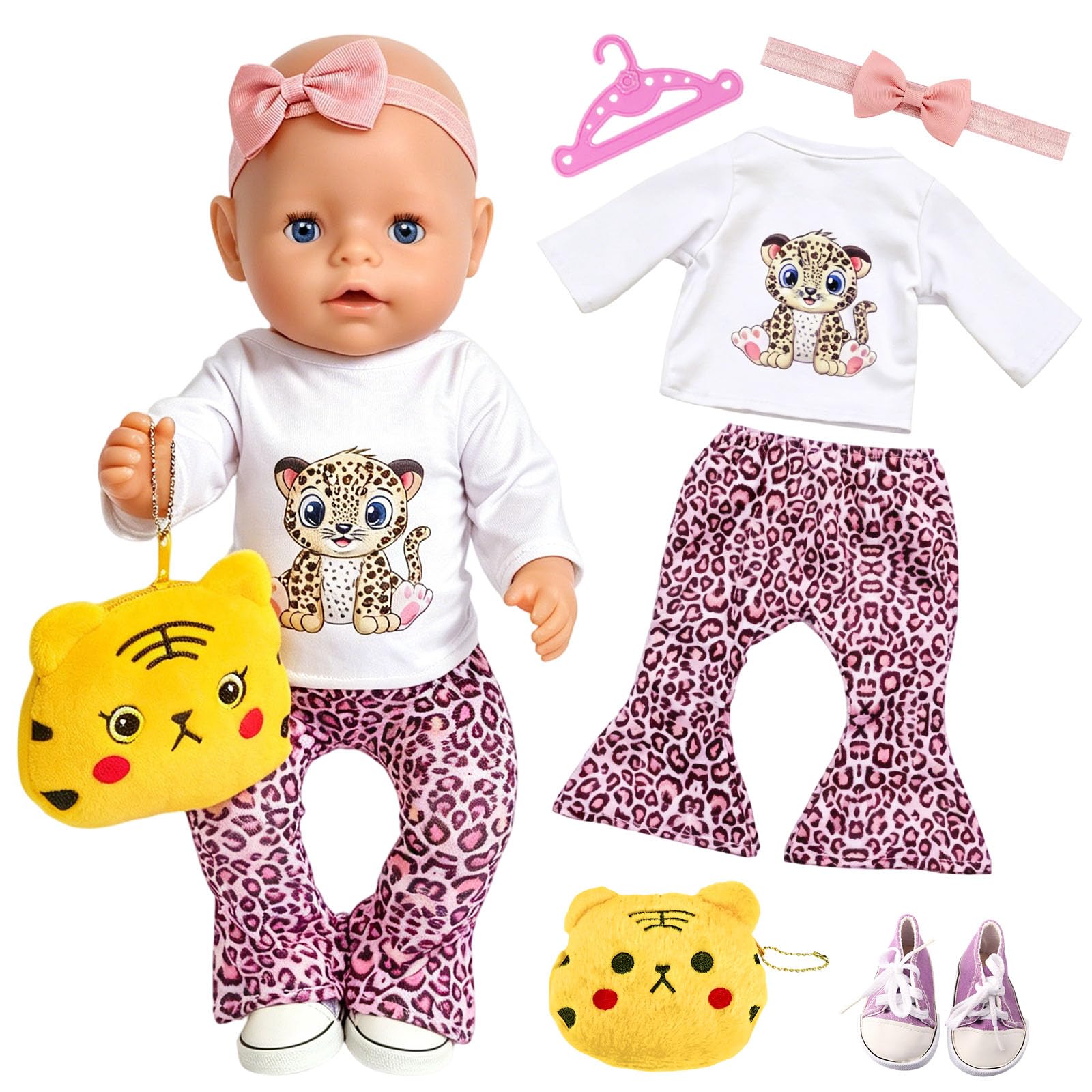 Atomvia 5 PCS Doll Clothes Outfit Set for 35-45cm Dolls, Leopard Long Sleeve Top & Flared Trousers with Purple Trainers, Pink Headband, Tiger Coin Purse & Clothes Hanger