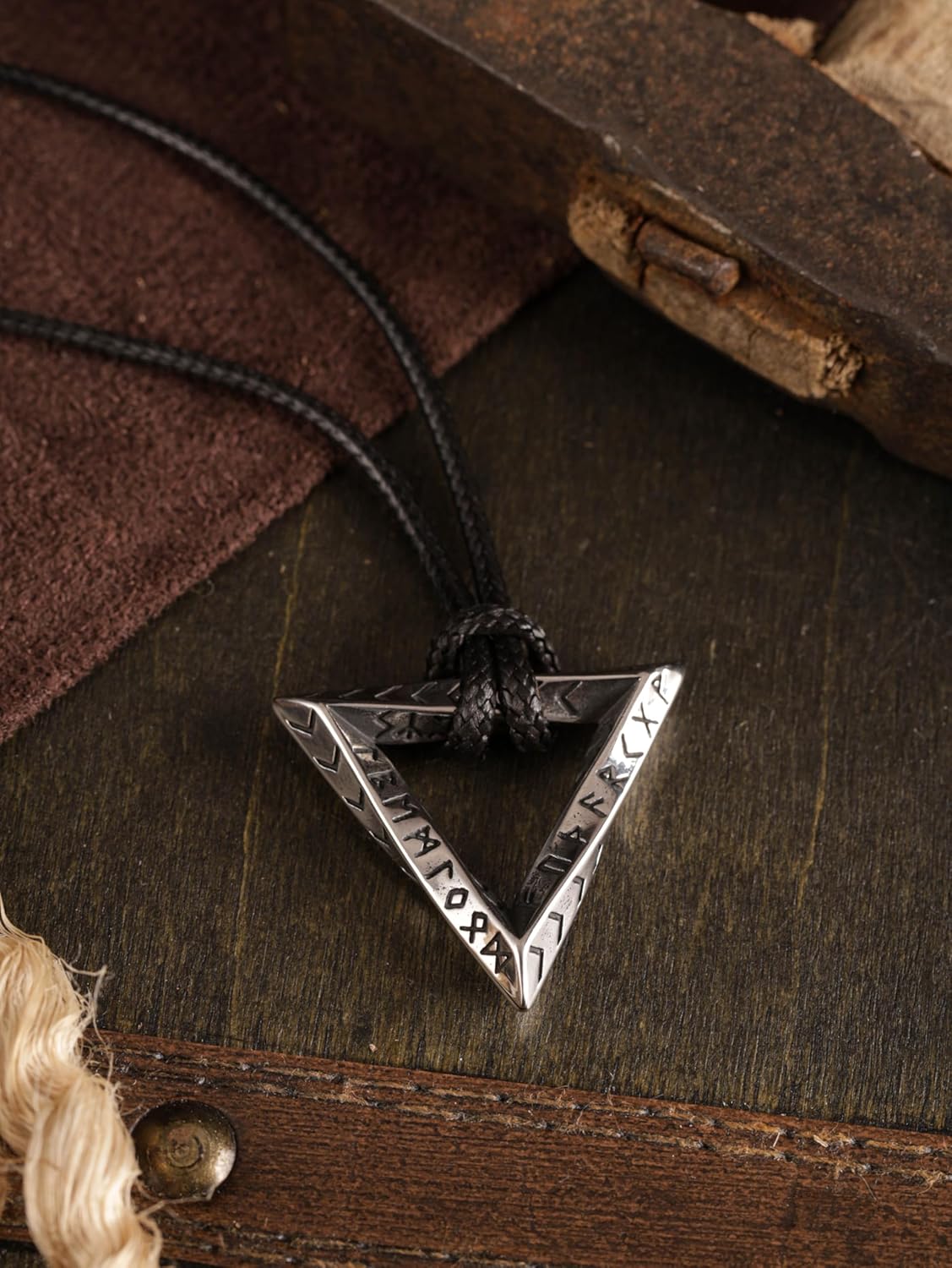 HAQUIL Viking Runes Necklace, Silver Plated Stainless Steel Norse Rune Triangle Talisman Pendant, Faux Leather Cord, Viking Jewelry Gift - Image 3