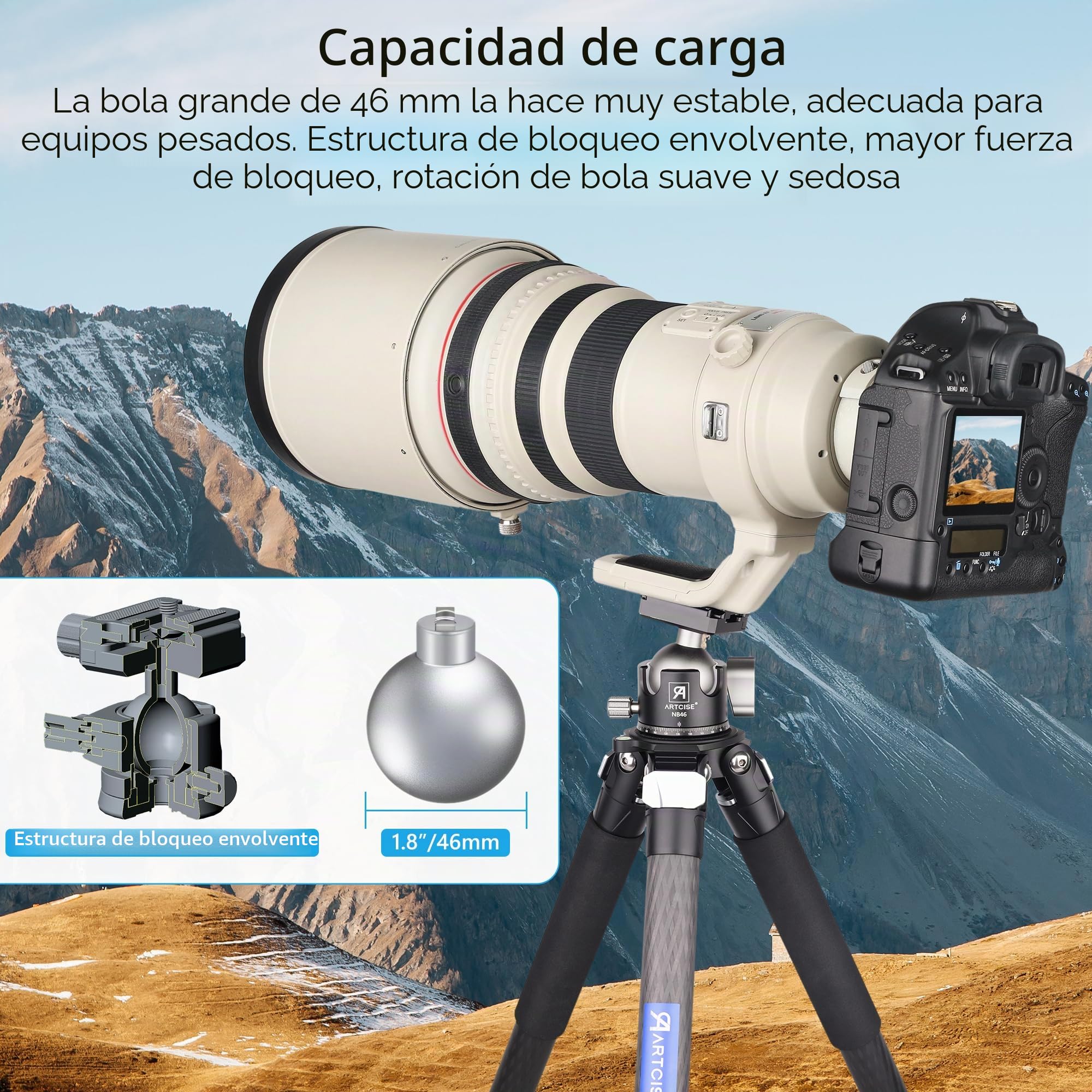 Cabezal de Bola ARTCISE Cabezal de Trípode de Perfil Bajo Todo de Metal para Cámara Carga de 20 kg con Placa de Liberación Rápida Arca Swiss para Trípode, Monopié, DSLR, Cámara