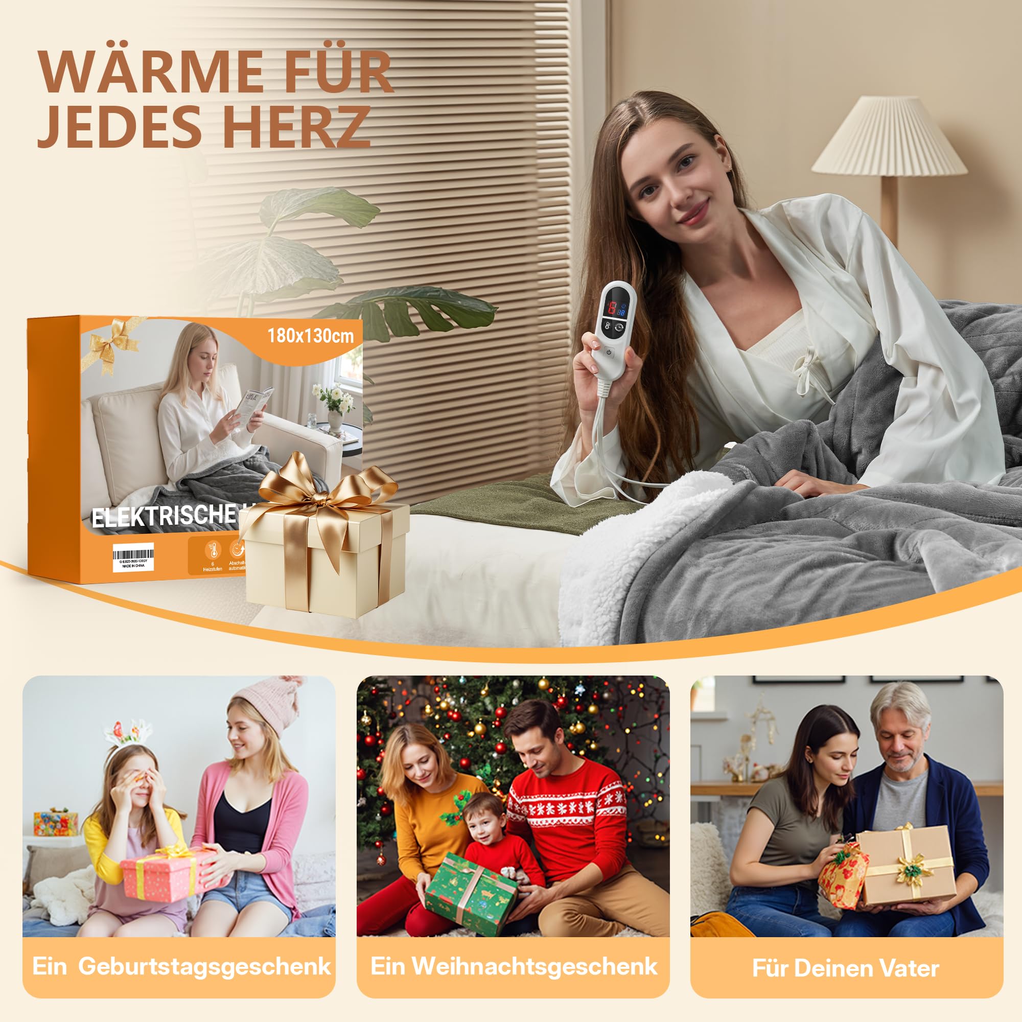 JUMMICO Kuschel-Heizdecke (2025) 180x130 cm, Extra Flauschig & Wärmend - Elektrische Wärmedecke mit 6 Heizstufen & 12h Timer, Waschbar für Couch, Bett und Homeoffice