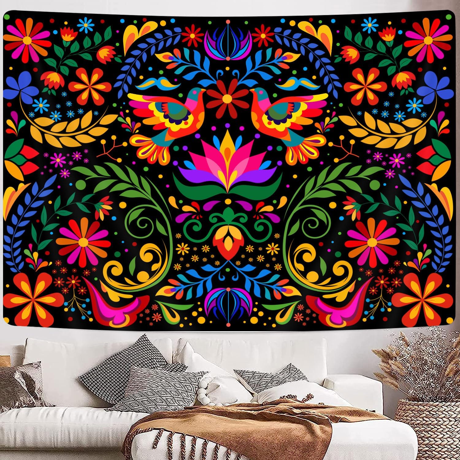GOAOK Mexico Floral Tapestry, Colorful Mexico Flowers Bird Traditional Aesthetic Hippie Tapestries, Mexican Ornate Ethnic Pastel Plant Tapestry Wall Hanging for Bedroom Living Room 60"x40"
