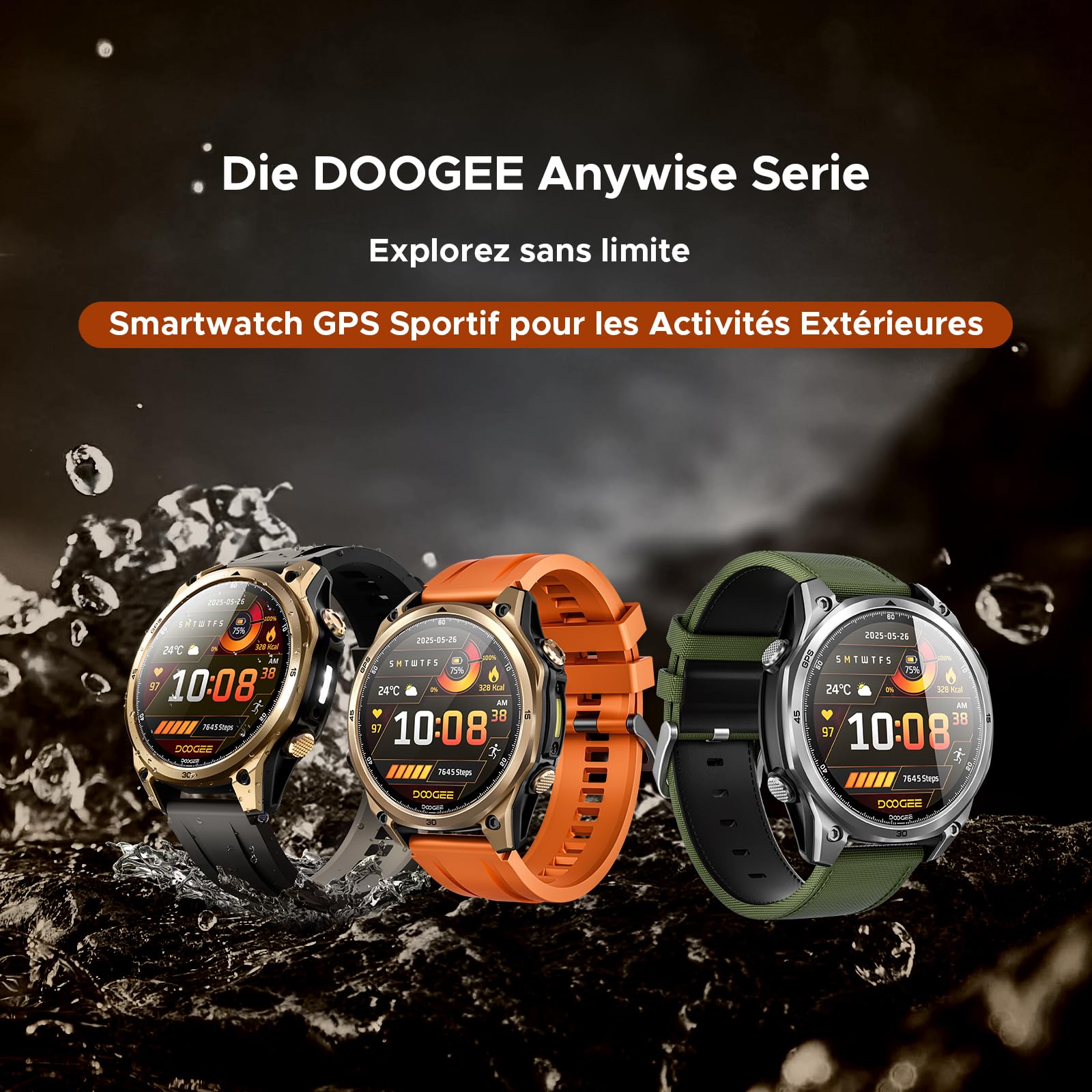Anywise W1 AI Montre Connectée Homme, 5ATM Dual-Band GPS Tactical Watch,1,43'' AMOLED Screen, 170+ Modes Sport, Appel Bluetooth,18 Days Battery,LED Flashlight,Compass,pour Android/iOS, 3 Strap