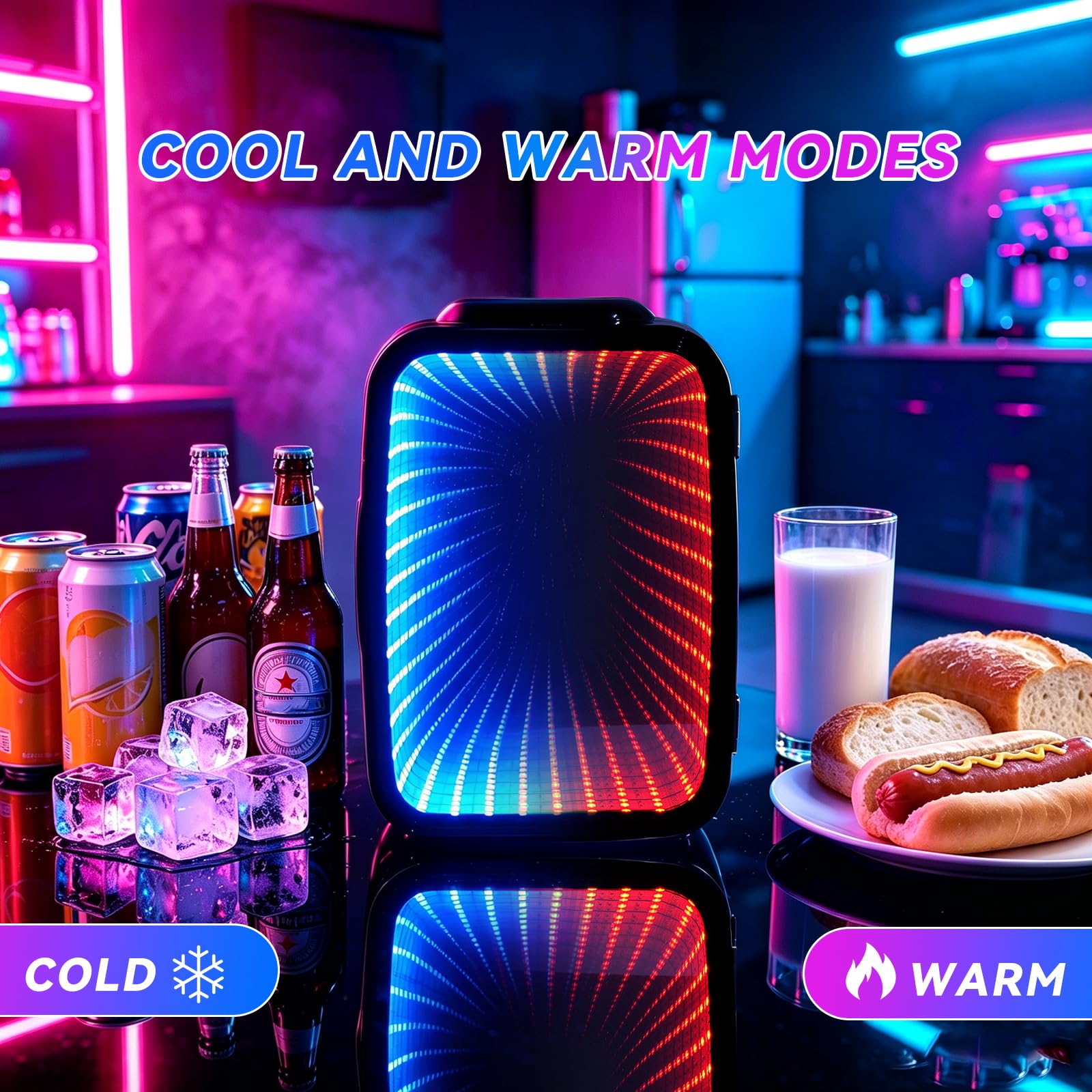 Enventor Mini lodówka 4 l / 6 puszek, przenośna lodówka i pojemnik utrzymujący ciepło, mała lodówka, AC + 12 V DC, RGB Infinity, 6 trybów ściemniania, do sypialni, pokoju gier, biura, samochodu
