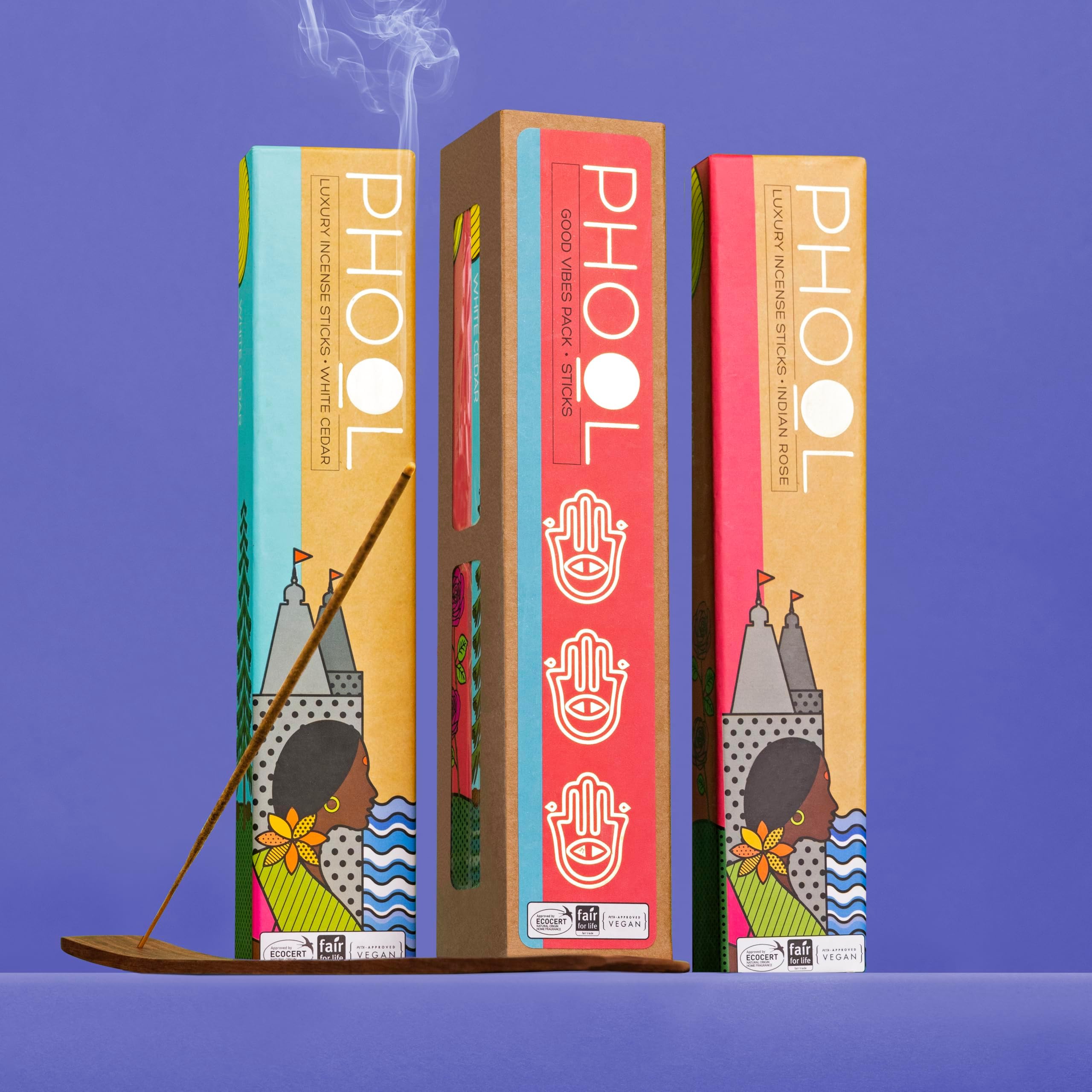 Pack of 2 Natural Incense Sticks,Phool GoodVibes Pack(80 Organic Sticks|2 Fragrances- Indian Rose & White Cedar),Free Wooden Stand |Handrolled |Sulpher & Charcoal Free |100% Organic. (500GMS)