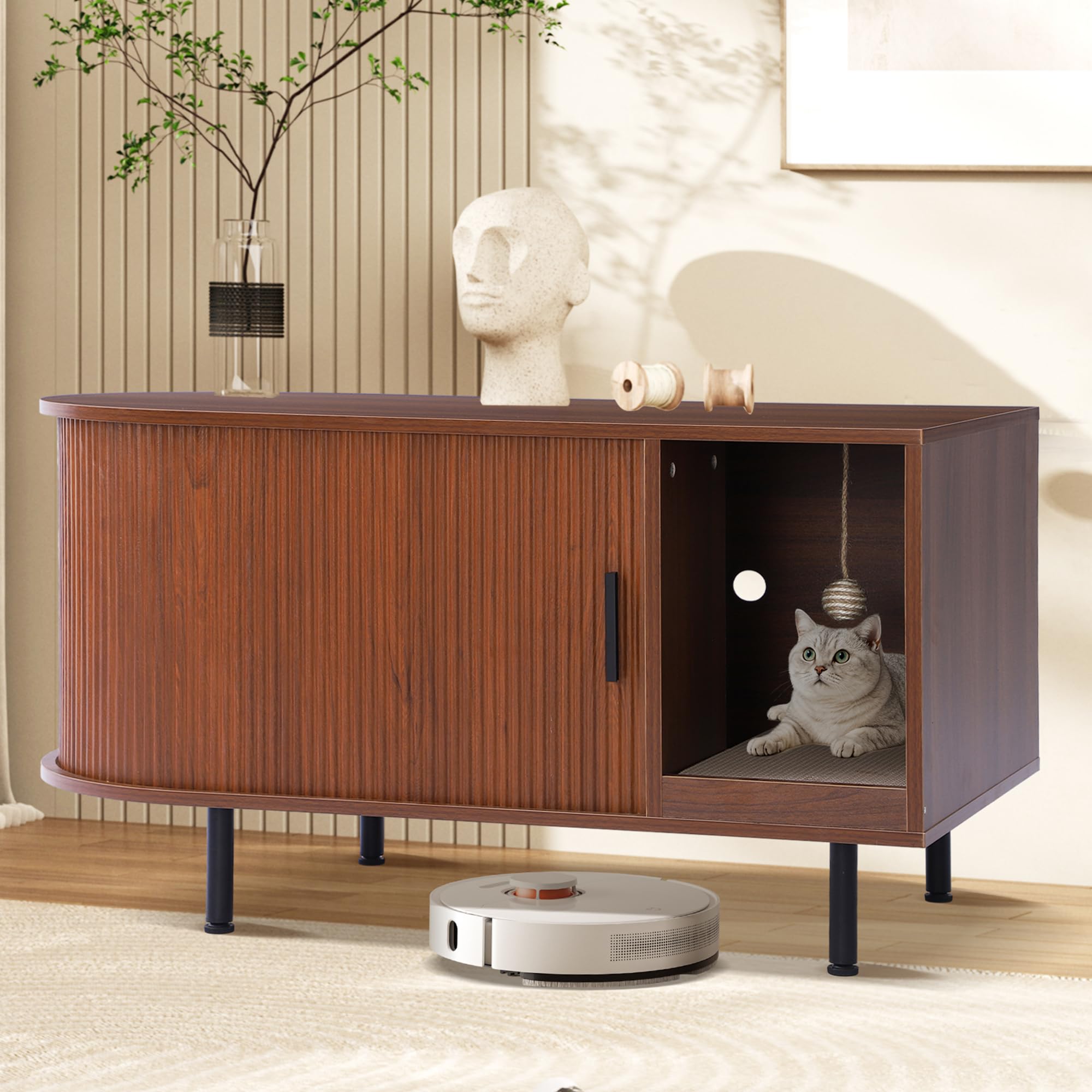 Cat Litter Box Enclosure, 37.4" Wooden Cat Washroom Furniture with Sliding Door, Fluted Hidden Litter Box Furniture with Scratch Pad and Sisal Ball, End Table TV Stand for Living Room (Brown)