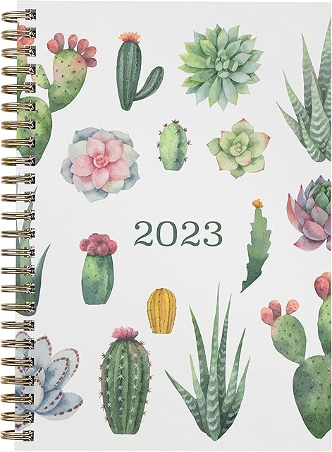 2023 Annual Planner by Bright Day, Yearly Monthly Weekly Daily Spiral Bound Dated Agenda Flexible Cover Tabbed Notebook, 8.25 x 6.25, Succulents