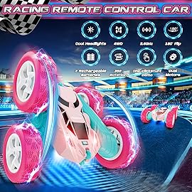cosone RC Cars, Pink Remote Control Car for Girls, 2.4 GHZ Double Sided RC Stunt Car 360 Rotating Remote Control Cars with Headlights Toys for 6 7 8 9 10 11 12 Girls Birthday Gift