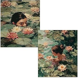 Kemingni 2 Pack Monet Inspired Swimming Woman Diamond Painting Kit, Vintage Water Lily Girl Diamond Art Kits for Adults Beginners, Full Drill Gem Painting for Home Wall Decor, 9.8x11.8 Inch