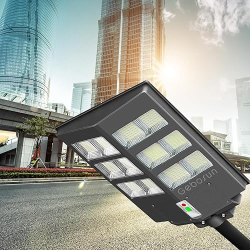 Gebosun Luces solares de calle de 600 W para exteriores, 6500 K 60000 lm del atardecer al amanecer, luces de inundación solares LED de gran angular