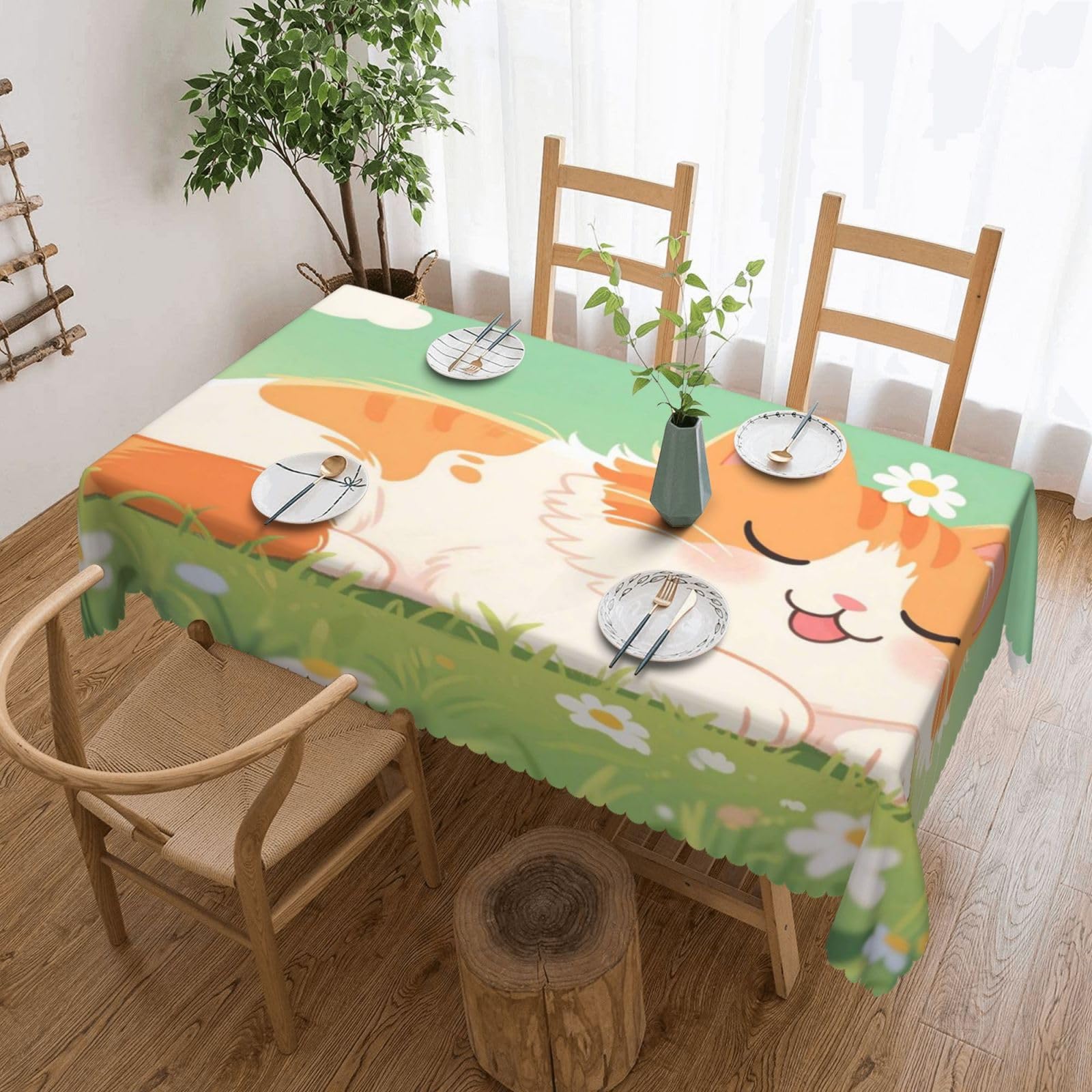 FekiLoot Rectangle Tablecloth 54 X 72 Inch, Classic Stain ‎Resistant Table Cloth Reusable Washable Table Cover Cute Daisy Cat Tabletop Decor for Kitchen Dining Party Indoor Outdoor Use