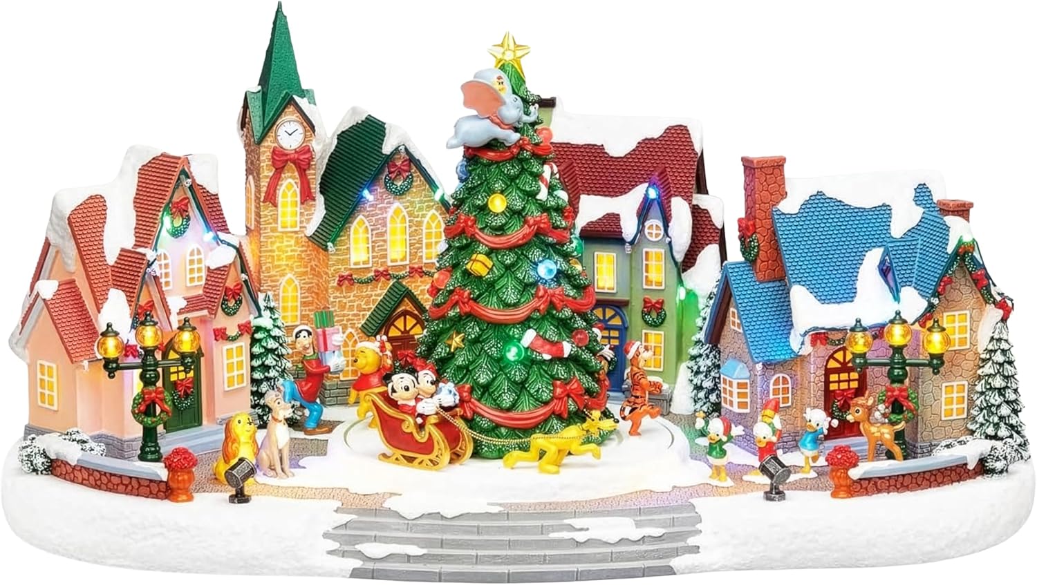 MOMENTS IN TIME Animated Disney Holiday Town Scene 10.5” Christmas Tree Christmas Village, LED Lights, Music & Motion Handcrafted Polyresin Village Power Adapter Included