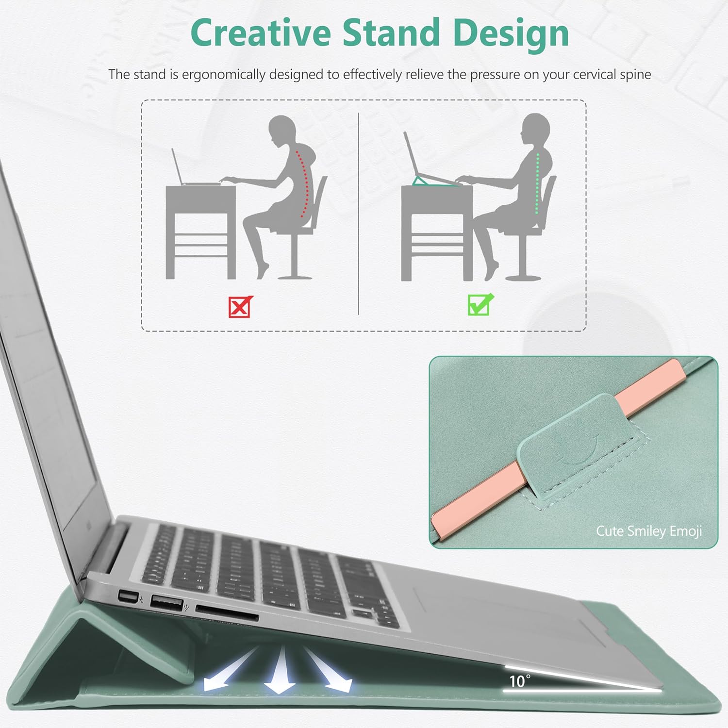 HYZUO 13 Inch Laptop Sleeve with Stand Feature for MacBook Air 13 M4 M3 M2 M1 2026-2018, MacBook Pro 13 M2 M1, 13" iPad Pro/Air, Surface Pro, with Carry Bag, Mint Green(Smiley) - Image 3