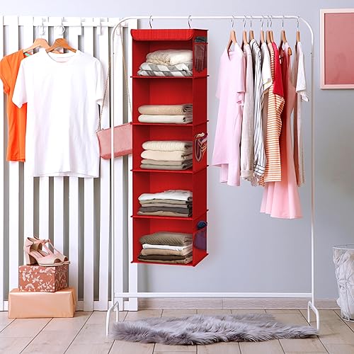 Miniatura 5 de Simple Houseware Organizador colgante de armario con 5 estantes, color rojo