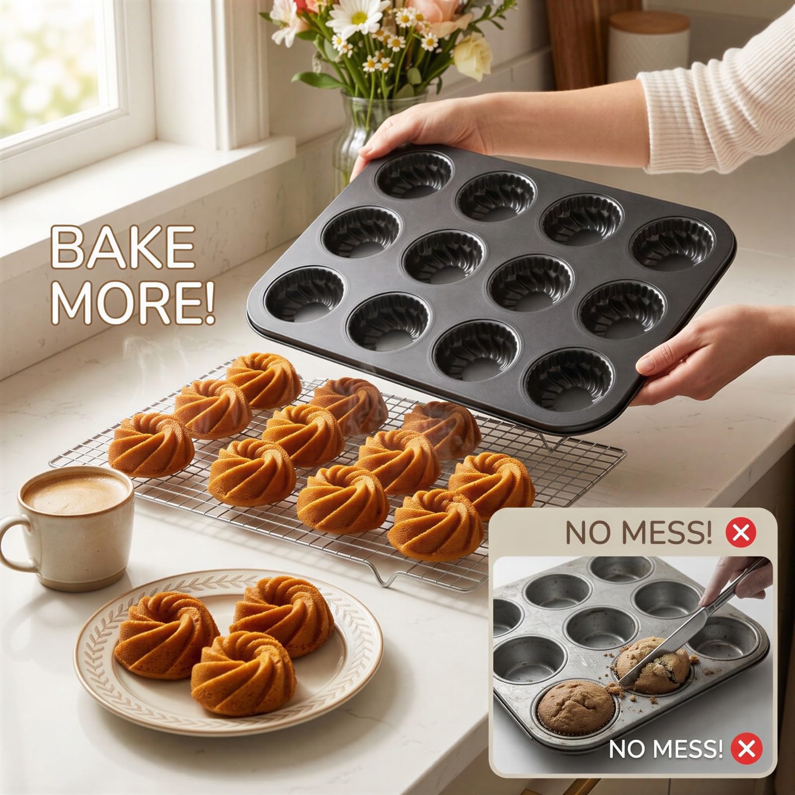 Lot de 2 moules à mini gâteaux cannelés à 12 cavités, acier au carbone épais, revêtement antiadhésif, plateau à muffins, petit moule bundtlette citrouille, gris