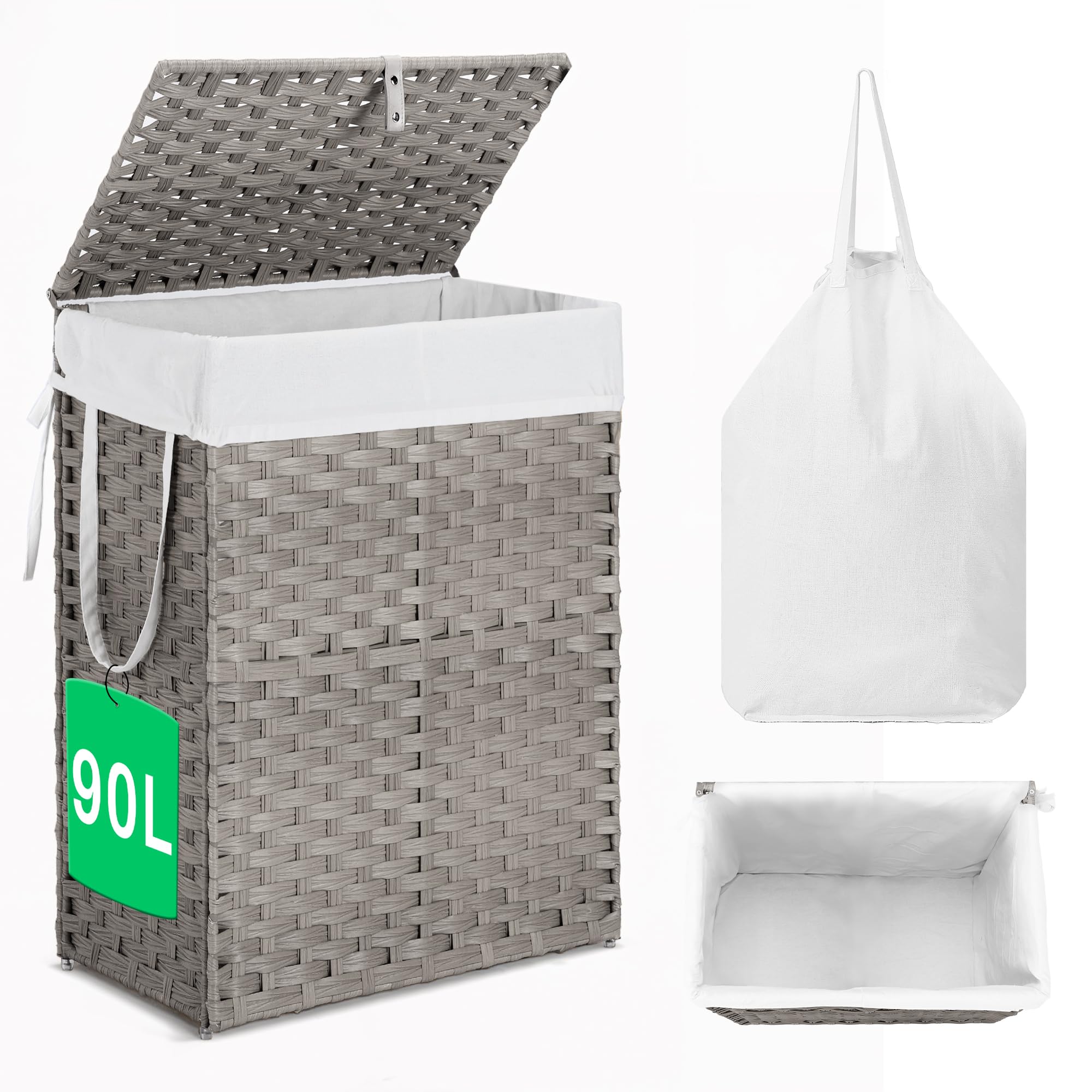 Laundry Hamper with Lid, Large Laundry Basket with Lid Foldable Clothes Hamper Removable Liner for Bedroom, Bathroom, Wash Room, Laundry Rooms, and College Dorm–Double Insert Storage Organizer