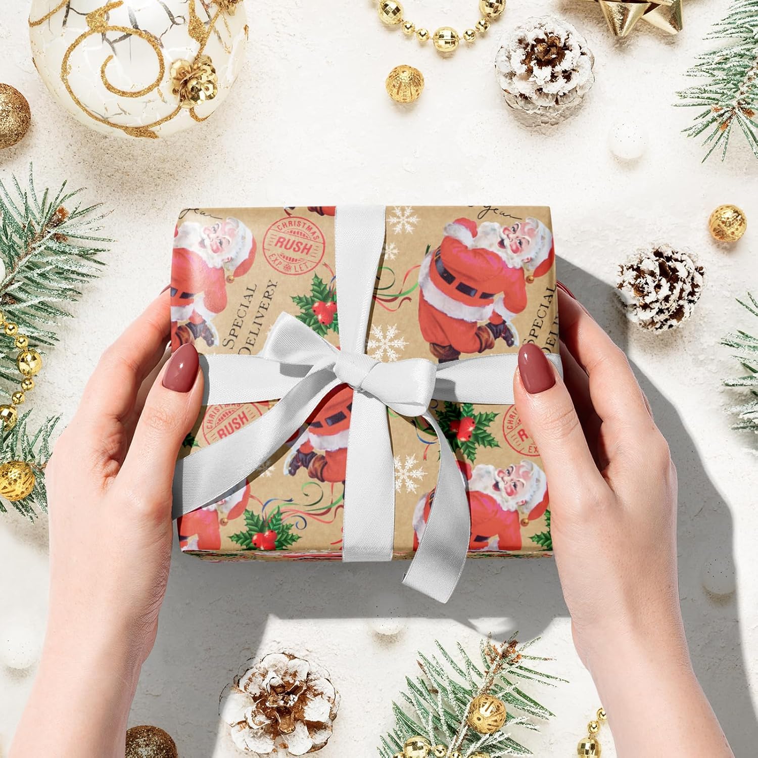 RUSPEPA Christmas Wrapping Paper, Jumbo Roll Kraft Paper - Santa Claus Design for Holiday Gift Wrap - 30 Inches x 100 Feet