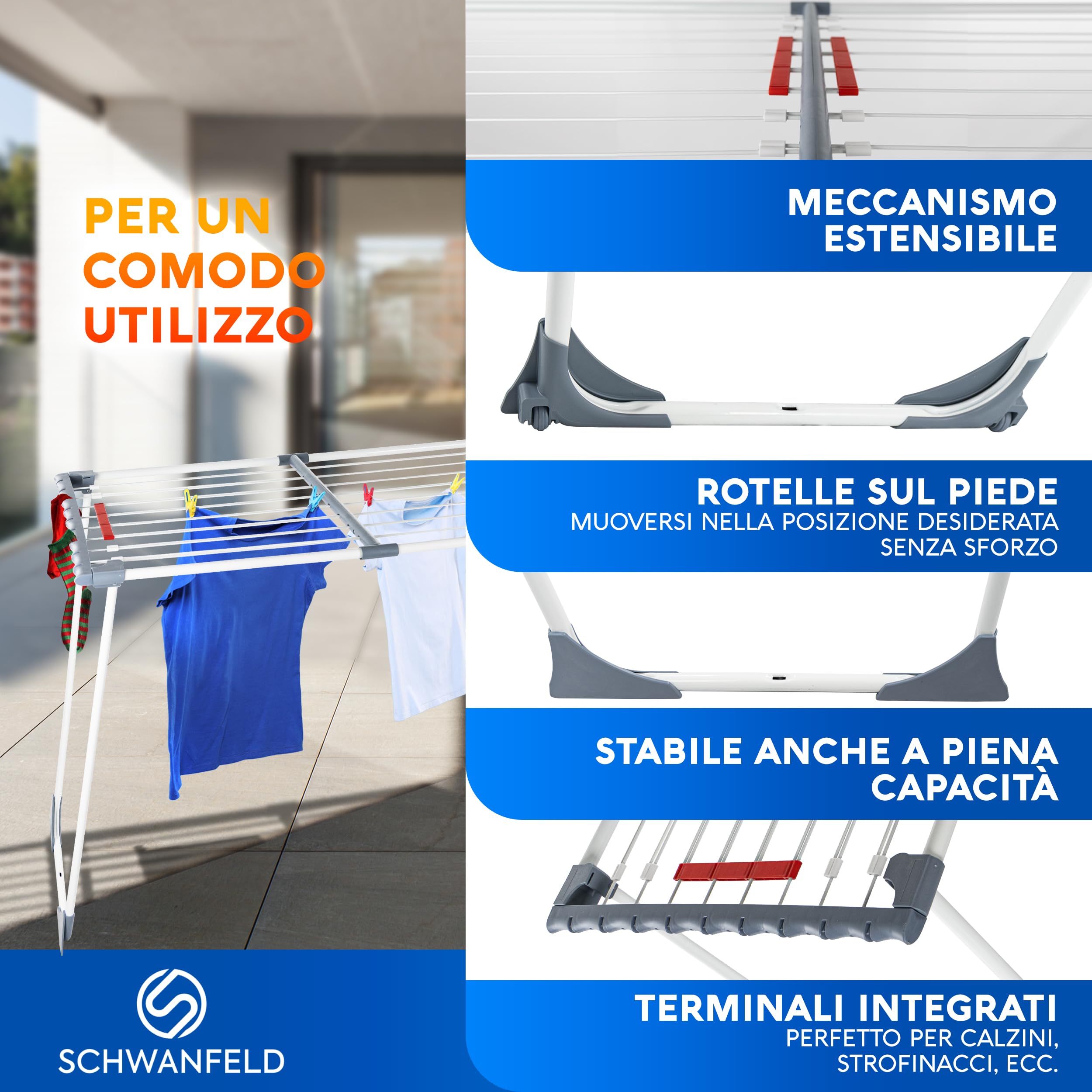SCHWANFELD Stendibiancheria allungabile 20 m – Stand pieghevole XXL – Asciugatrice alta qualità