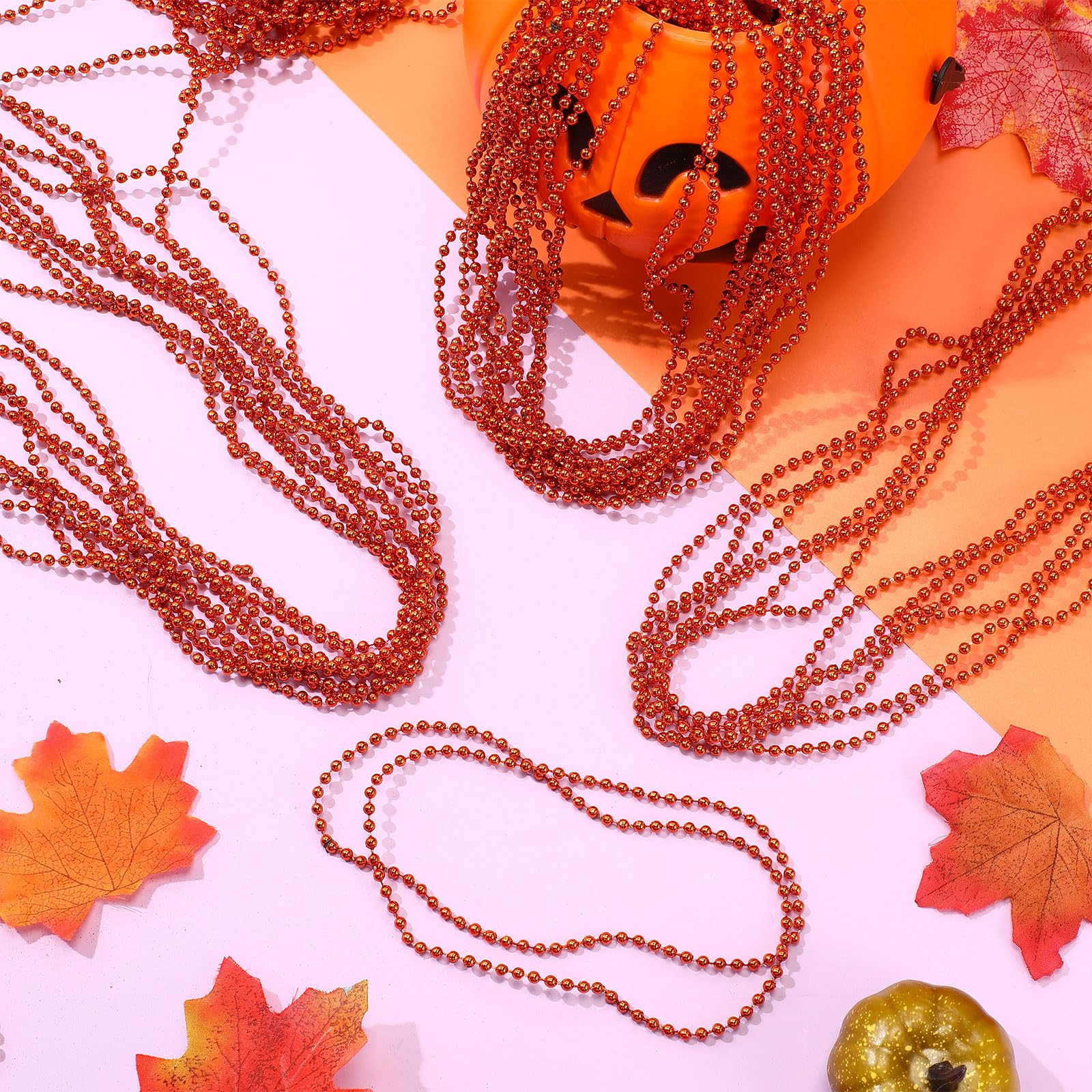 Tigeen 100 Pcs Mardi Gras Beads 30'' Metallic Round Beaded Necklaces for Christmas Halloween Party Favors Festival Parades (Orange)