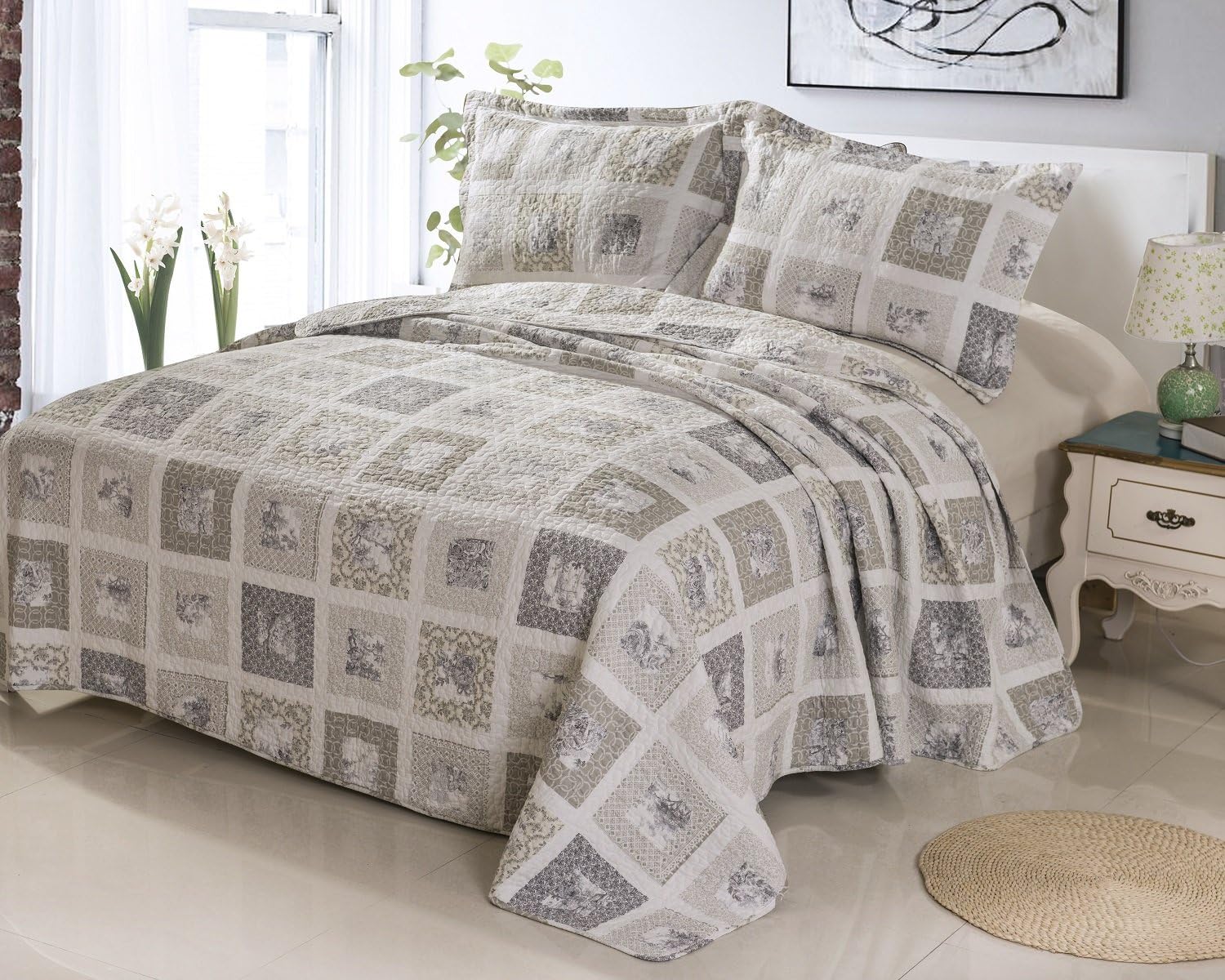 100% Cotton Printed Quilt Sets (QUEEN) -with 2 cases Re-washing Bedspread Coverlet (Queen:80"x90", Beige)