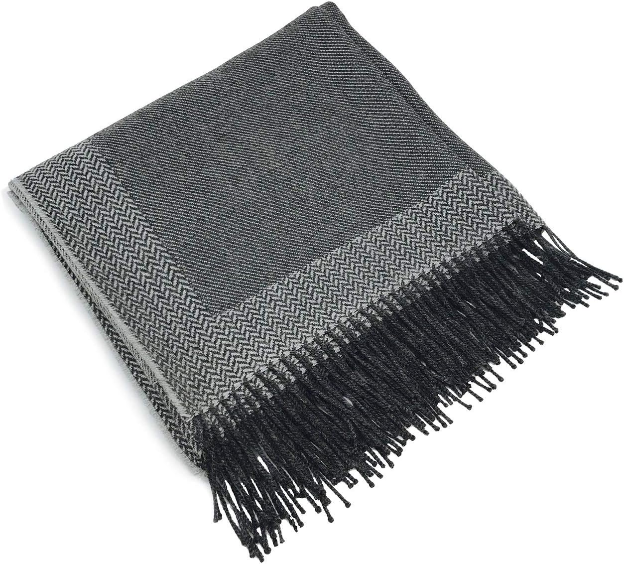 | 100% Baby Alpaca Wool Sofa Throw Blanket - Woven by Hand, All Natural, Reversible Herringbone Pattern with Fringe Perfect for Bedroom or Living Room (Charcoal/Silver - Herringbone