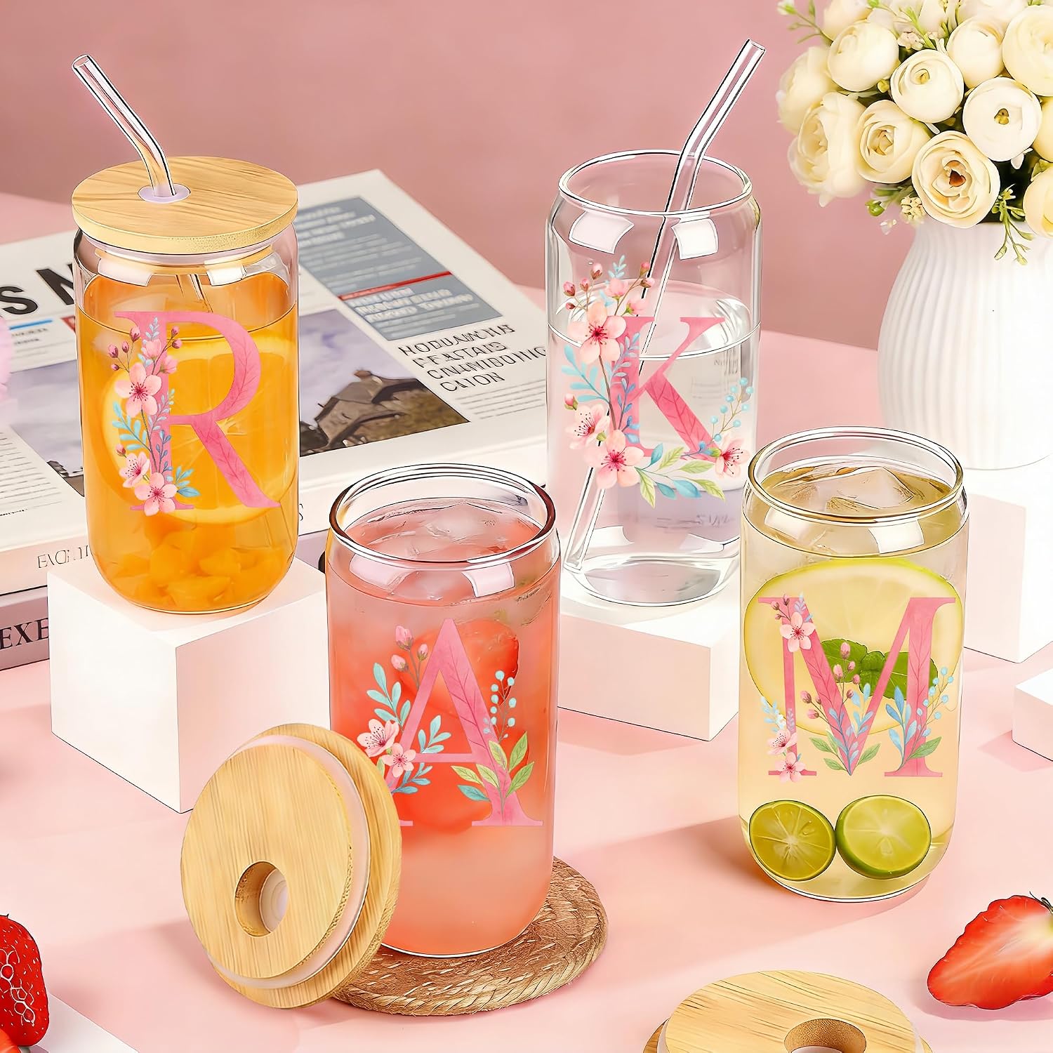 Personalized Initial Gifts Set For Women Customized Monogrammed Glass Cups with Bamboo Lids and Straws Cute Floral Letter Glass Cups Gift Set Birthday Gifts for Woman Mom Sister Friend (C)