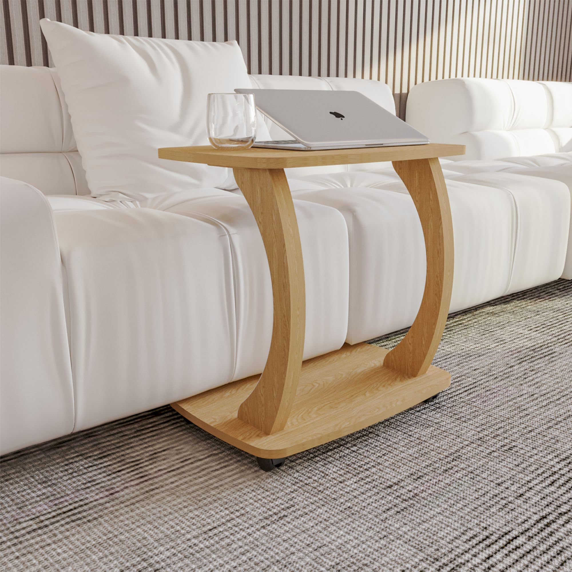 sugodesign Mesa Auxiliar de Sofa, pequeña Mesa Auxiliar en Forma de C, Elegante Mesa de Sofa en Aspecto Roble Naturale, Mesa Redonda como almacenaje para Sofa - Arasta