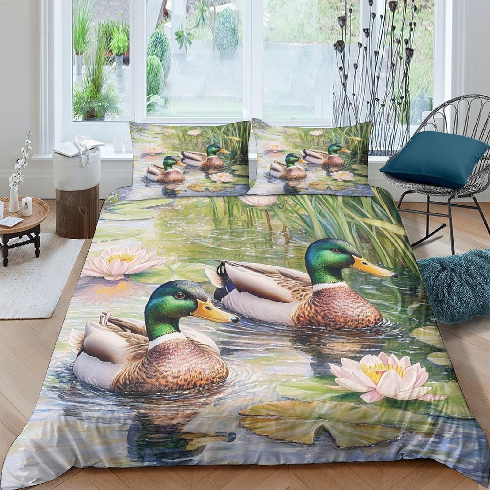 Ctjqhvkz Style-7 3D Printed Mallard Duck Pond Fitted Sheet Microfiber Soft Decorative Water Lily Bed Cover For Bedroom Guest Room Decor Single（135X200cm）