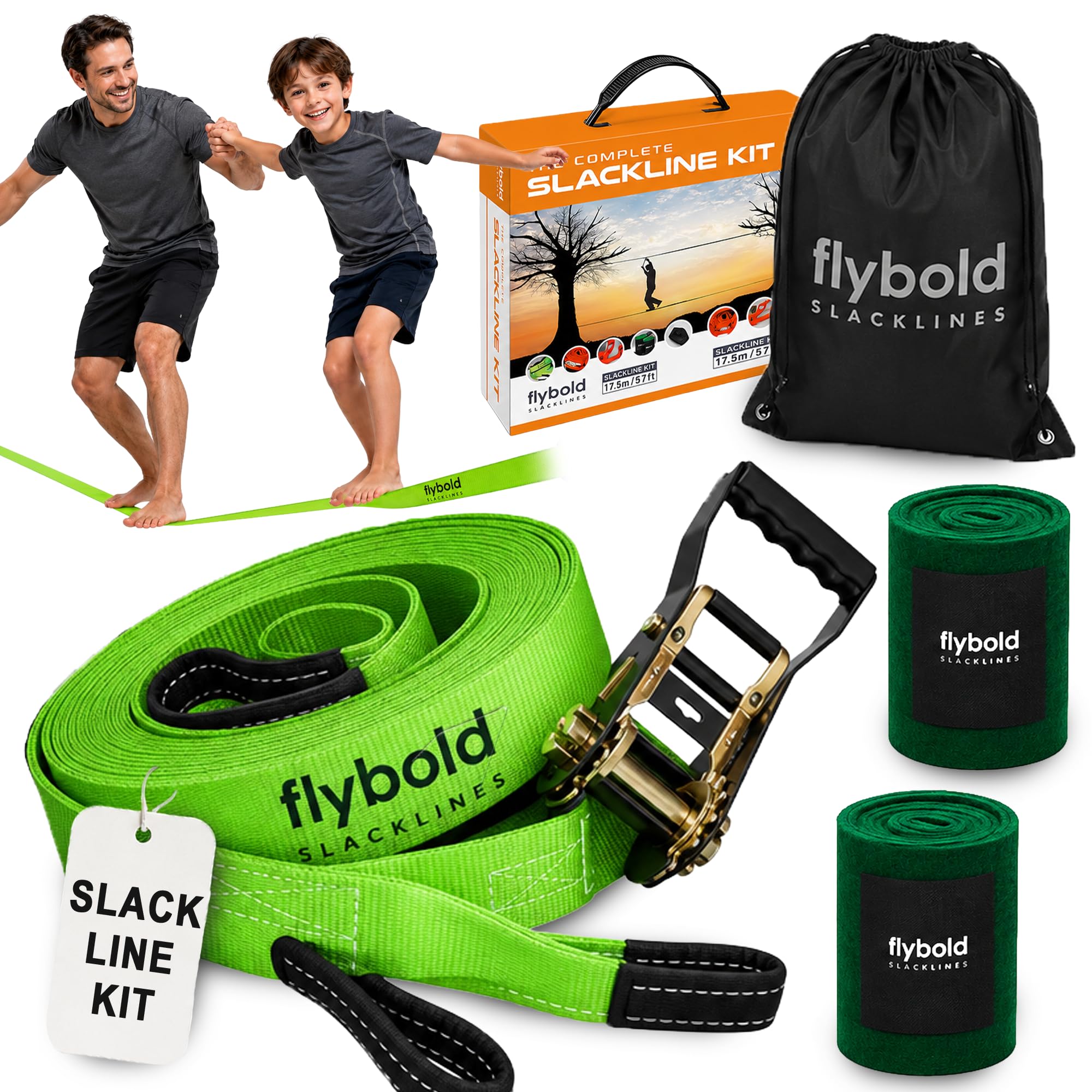 flybold Slackline Kit | Slack Line Längere 17,4 m Leine mit Baumschutz und Tragetasche | Enge Seilschnüre für den Garten | für Kinder und Erwachsene
