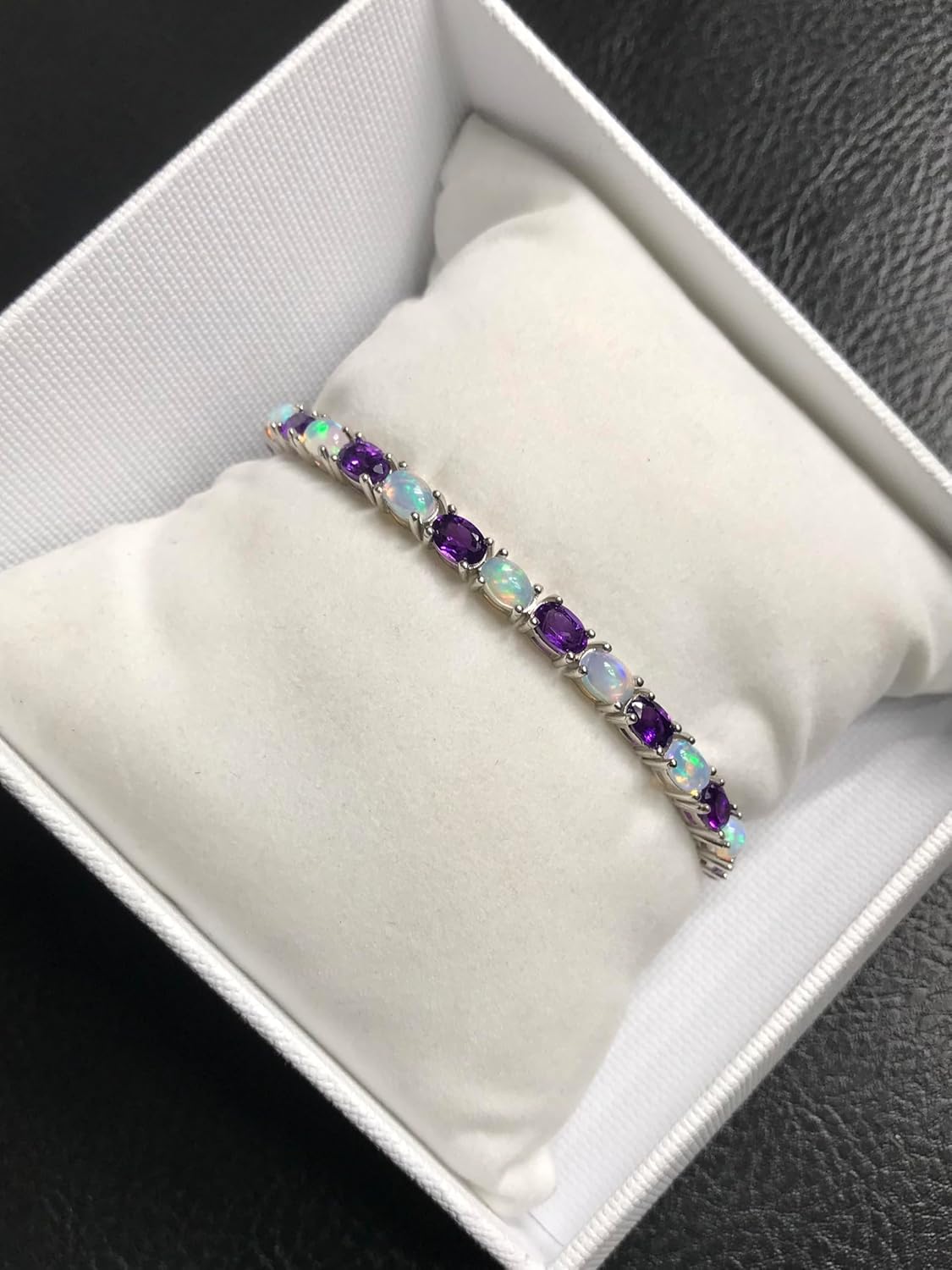 Natural Amethyst & Ethiopian Opal 6x4mm Oval Cut and Cabochon Tennis Bracelet for Women in Solid 925 Sterling Silver | Handmade Gemstone Line Bracelet | Luxury Silver Jewelry Gift | February & October Birthstones - Image 2