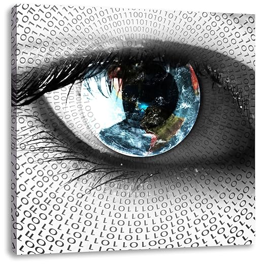 Auge mit binärischen Code, Format: 40x40 auf Leinwand, XXL riesige Bilder fertig gerahmt mit Keilrahmen, Kunstdruck auf Wandbild mit Rahmen, günstiger als Gemälde oder Ölbild, kein Poster oder Plakat