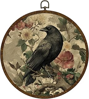 KLYTINK Vintage Raven Crow Round Wall Art,Gothic Botanical Canvas Print with Frame, Cottagecore Dark Bird Hanging Decor for Bathroom, Living Room, or Unique Gift 10x10In(BY0620)