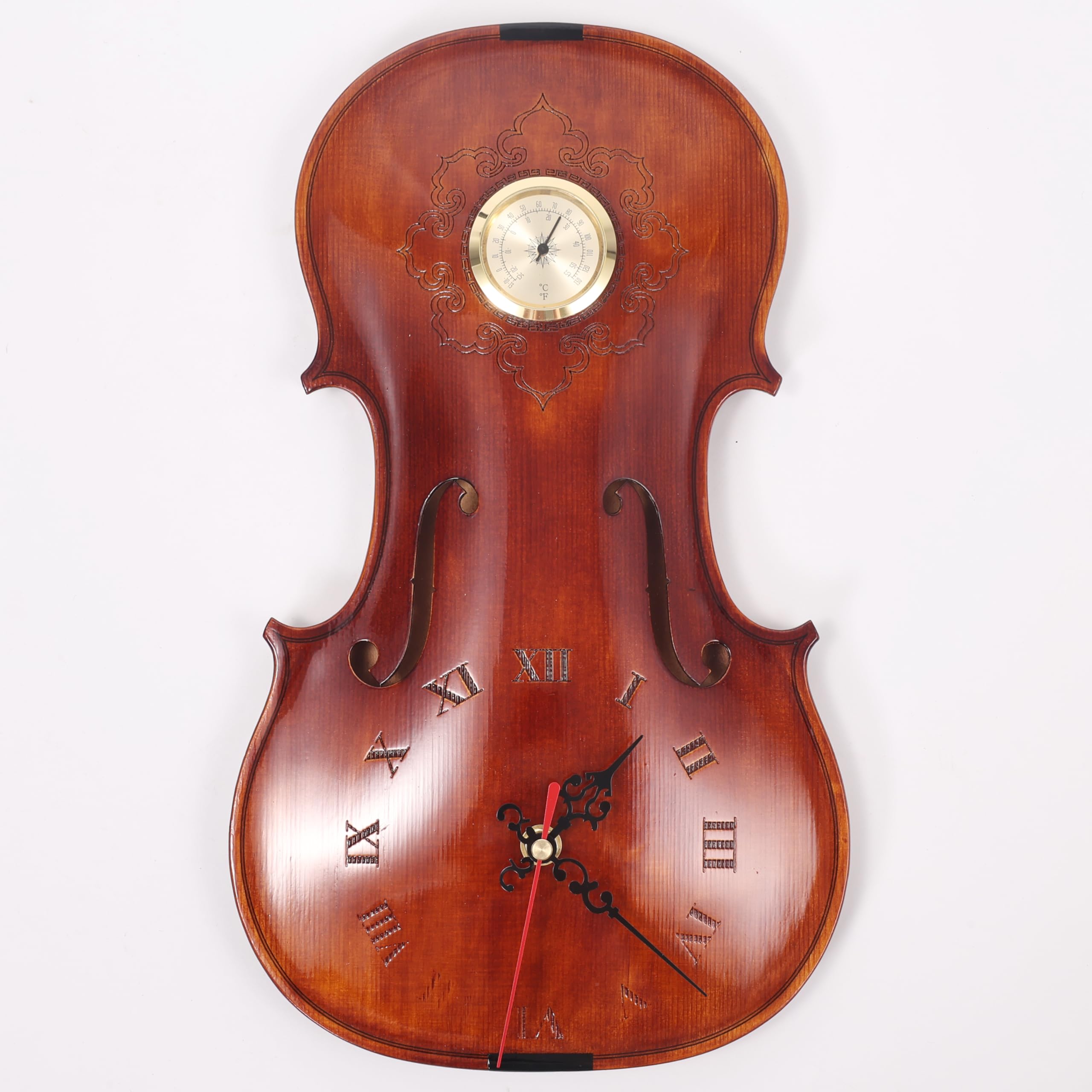 Handcrafted Solid Wood Violin Wall Clock with Thermometer & Hygrometer | Unique Musical Gift for Musicians, Mercury-Free Indoor Temperature Gauge, Analog Quartz Timepiece (Thermometer Clock)