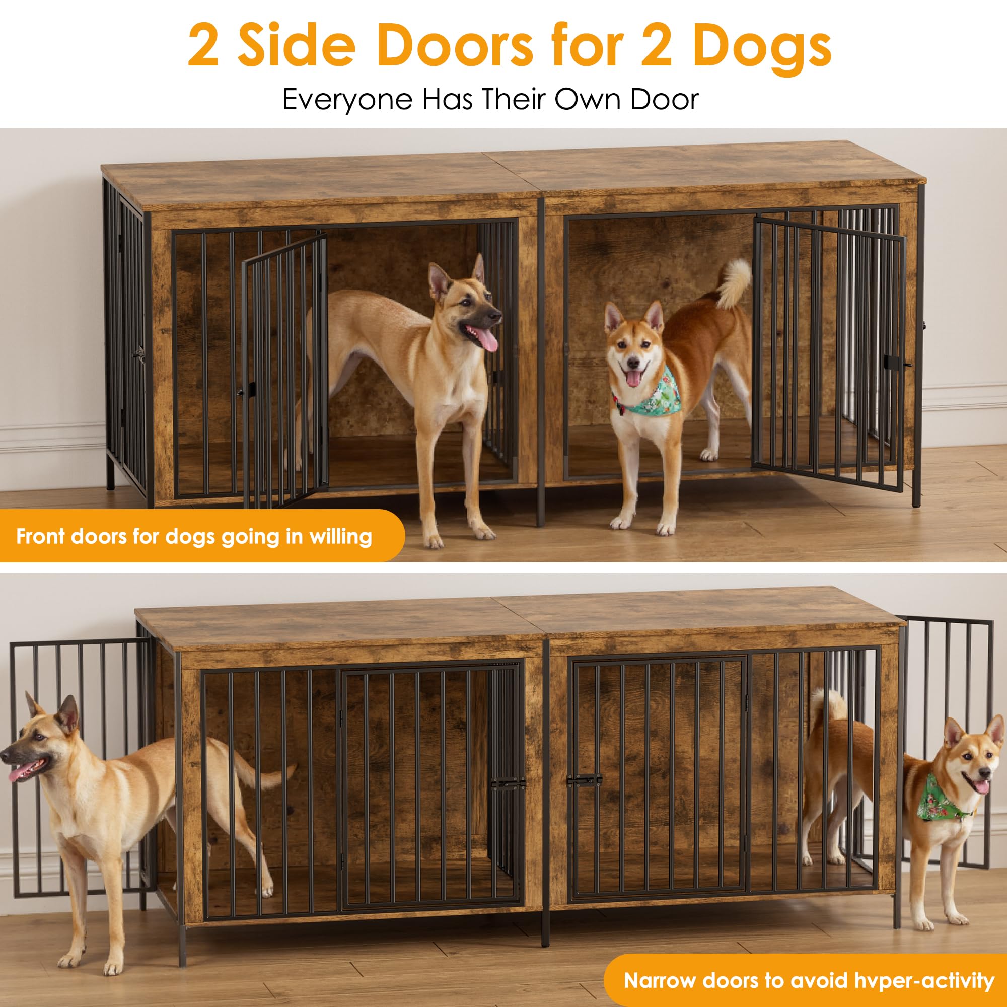 Gabbia per Cani Kennel,200CM Casetta per Cani da Interno,Gabbietta per Animali in Metallo e Legno,Tavolo Supplement,XXL Cuccia Robusta per Dog con Divisorio,Casetta per Animali,4 Porte,Fino a 100KG