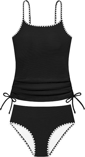 Girls Tankini Swimsuit 2 Piece Set Unique Edge Girl Bathing Suit with Drawstring + Swim Briefs Swimwear Set for 9-16Y