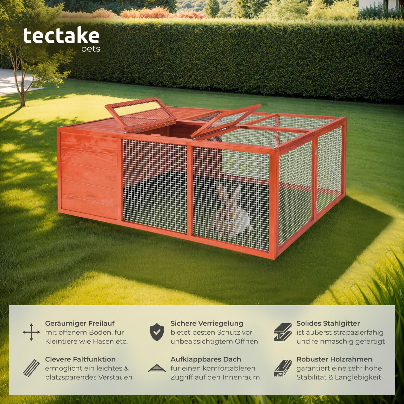 tectake® Hasenstall, faltbar, Holz, mit Dachöffnung, Freigehege, Meerschweinchen Käfig, Kaninchen Zubehör, Freilaufgehege Kaninchen, Meerschweinchen Zubehör, Kleintierkäfig, Hasenkäfig 150x103x53cm