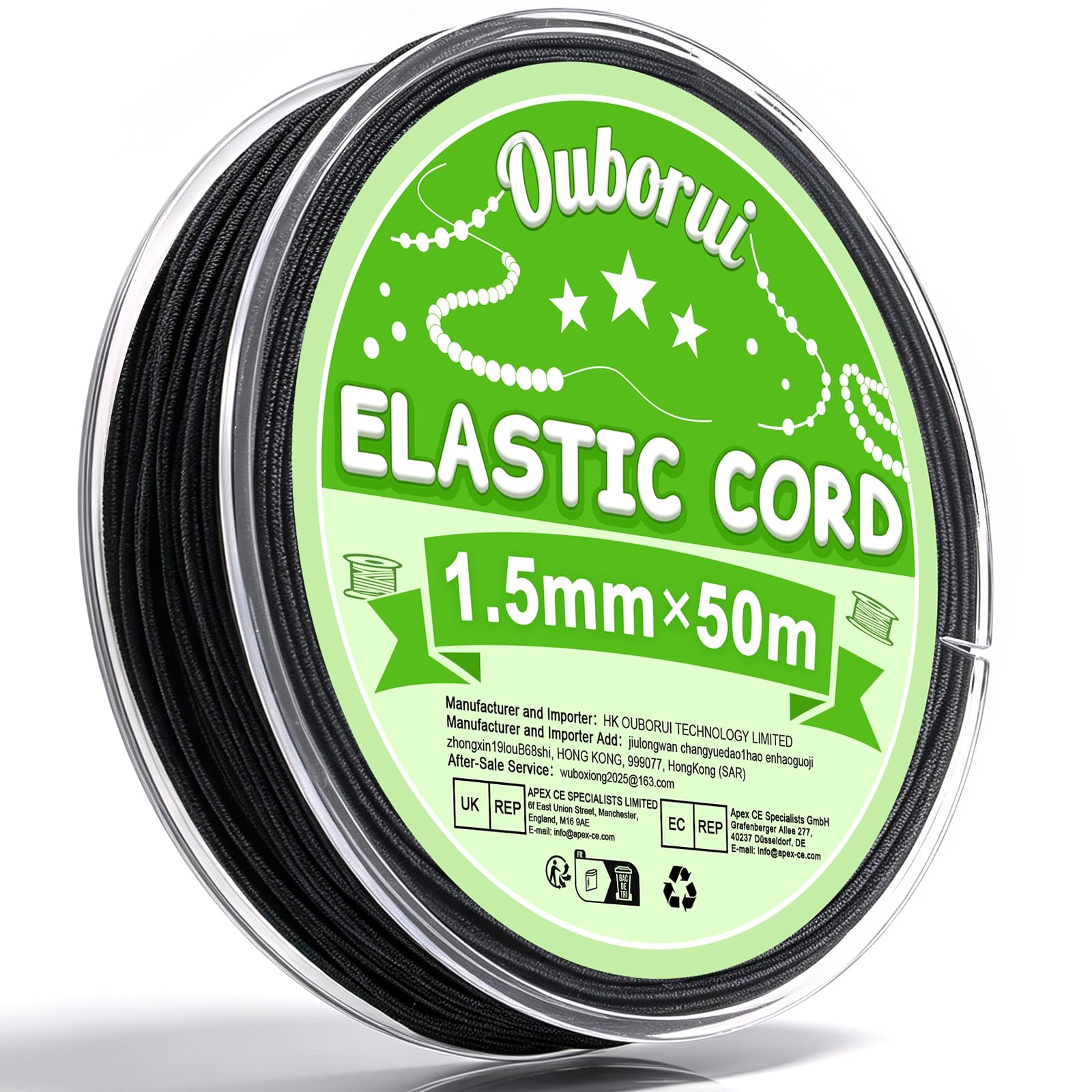 Ouborui 50M Elastic String 1.5mm Black Elastic Cord for Bracelet Making