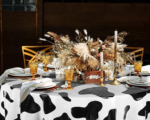 Miniatura 7 de Oudain Mantel redondo lavable de plástico a granel con estampado de vaca de 84 pulgadas, resistente a las manchas, para picnic, campamento,