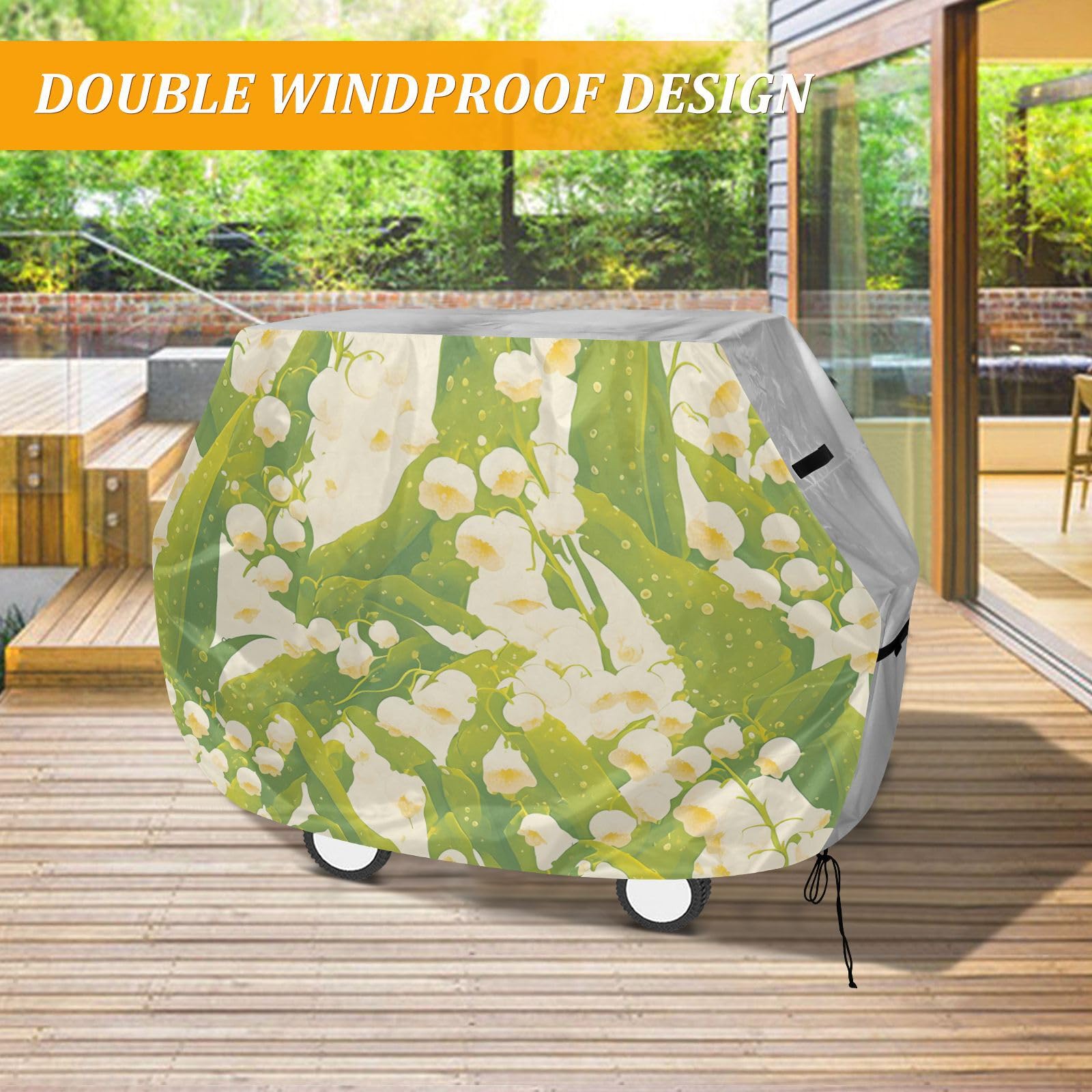 Świeży styl Lily of The Valley pokrowiec na grilla na zewnątrz na patio, 158 cm, wodoodporny, wytrzymały, odporny na blaknięcie i promieniowanie UV, pokrowce na wędzarnie z regulowanym sznurkiem